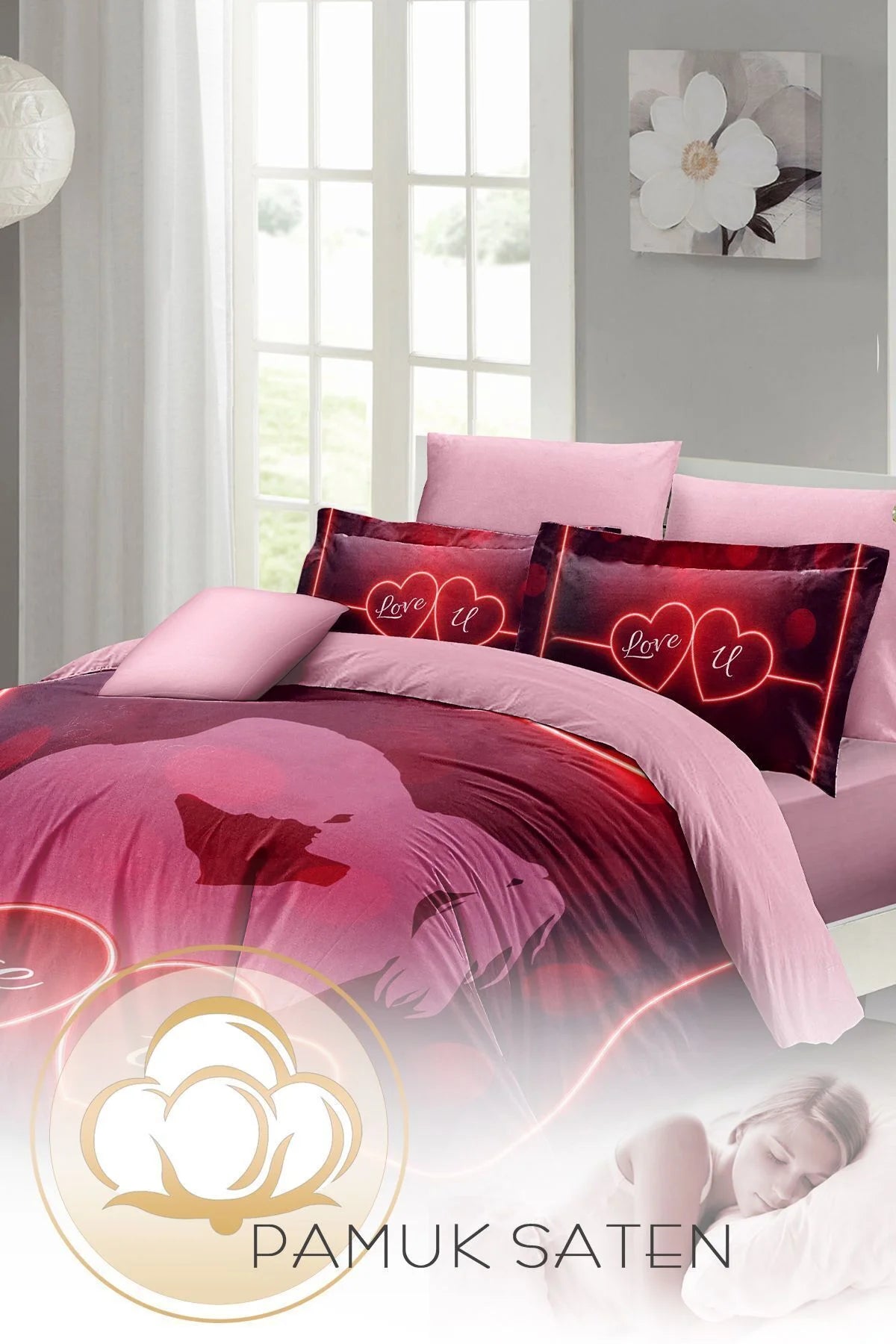 Sevgililer Günü Özel Çift Kişilik Nevresim Takımı Pamuk Saten Love U