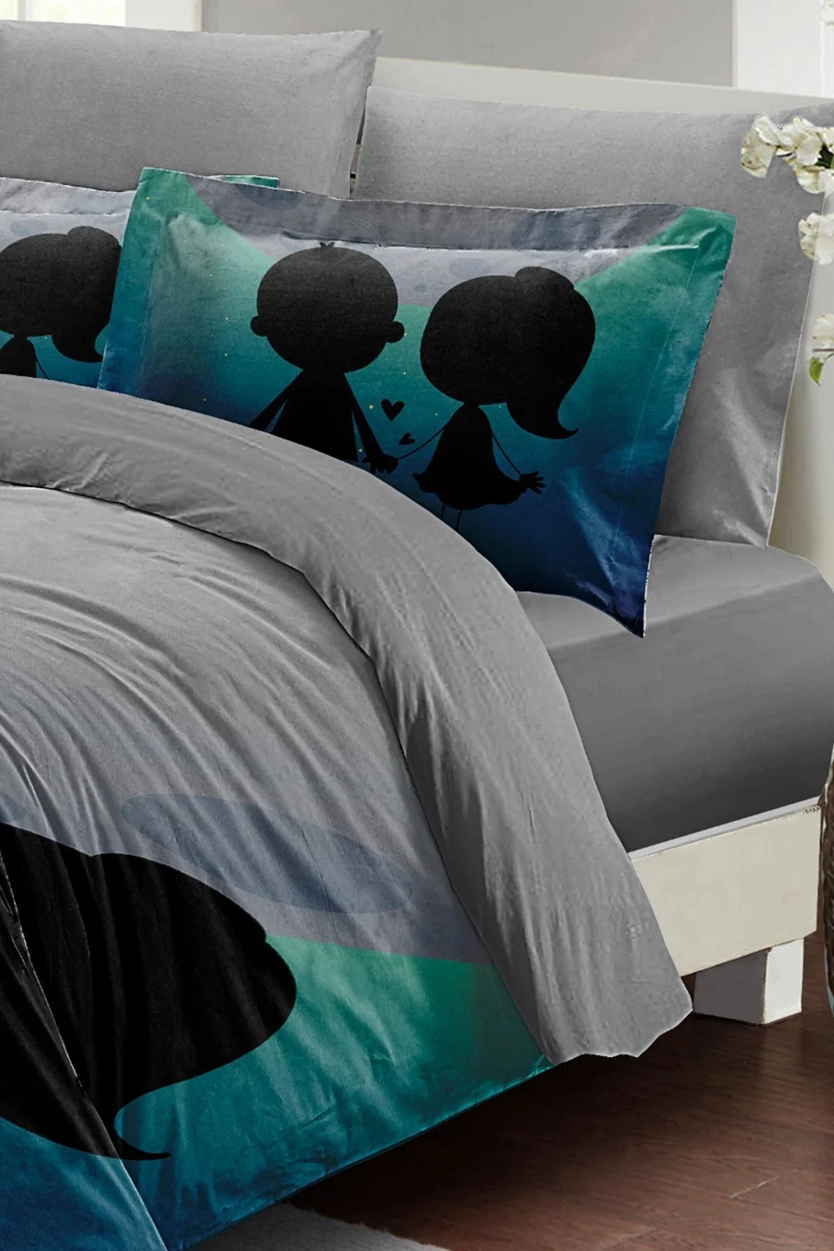 Sevgililer Günü Özel Çift Kişilik Nevresim Takımı Pamuk Saten Moon Dreams