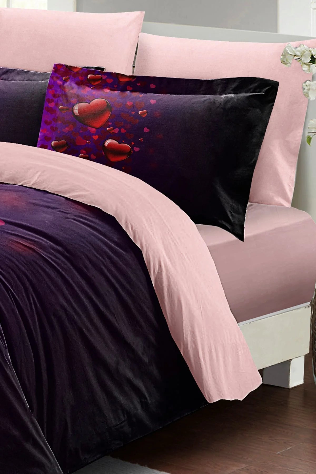 Sevgililer Günü Özel Çift Kişilik Nevresim Takımı Pamuk Saten Purple Love