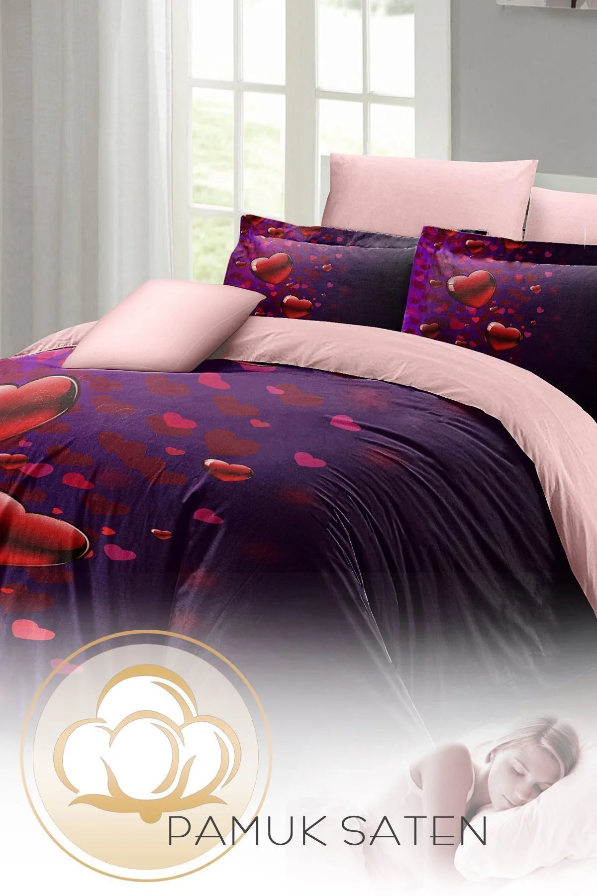 Sevgililer Günü Özel Çift Kişilik Nevresim Takımı Pamuk Saten Purple Love