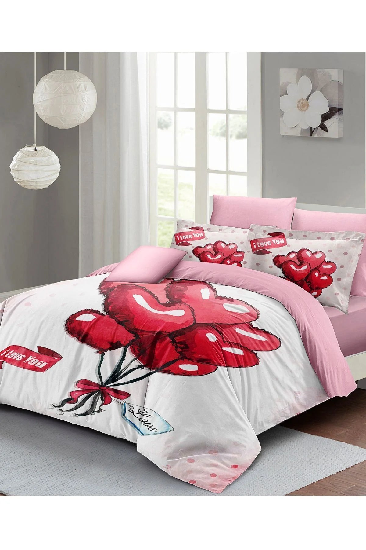 Sevgililer Günü Özel Çift Kişilik Nevresim Takımı Pamuk Saten Red Balls