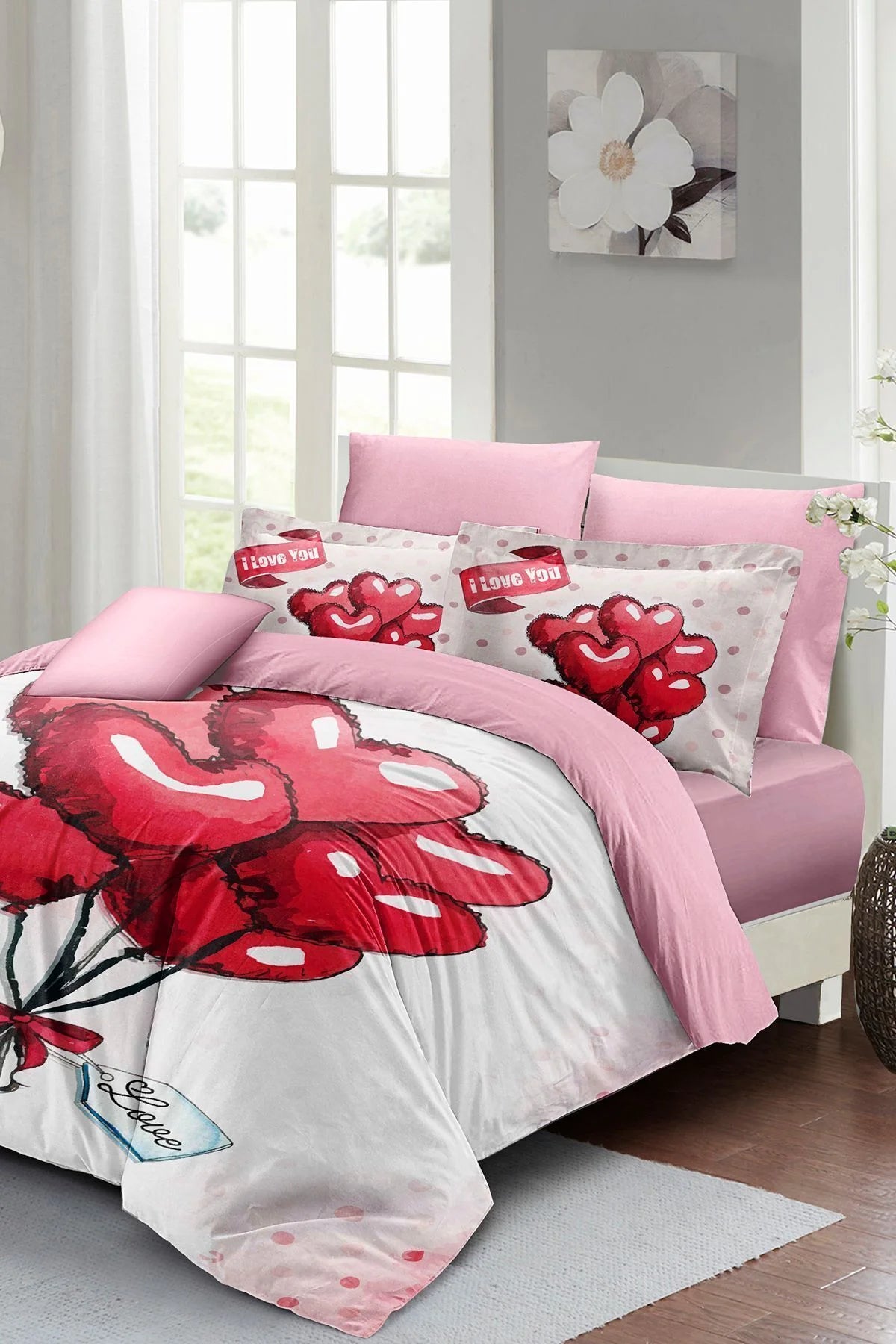 Sevgililer Günü Özel Çift Kişilik Nevresim Takımı Pamuk Saten Red Balls