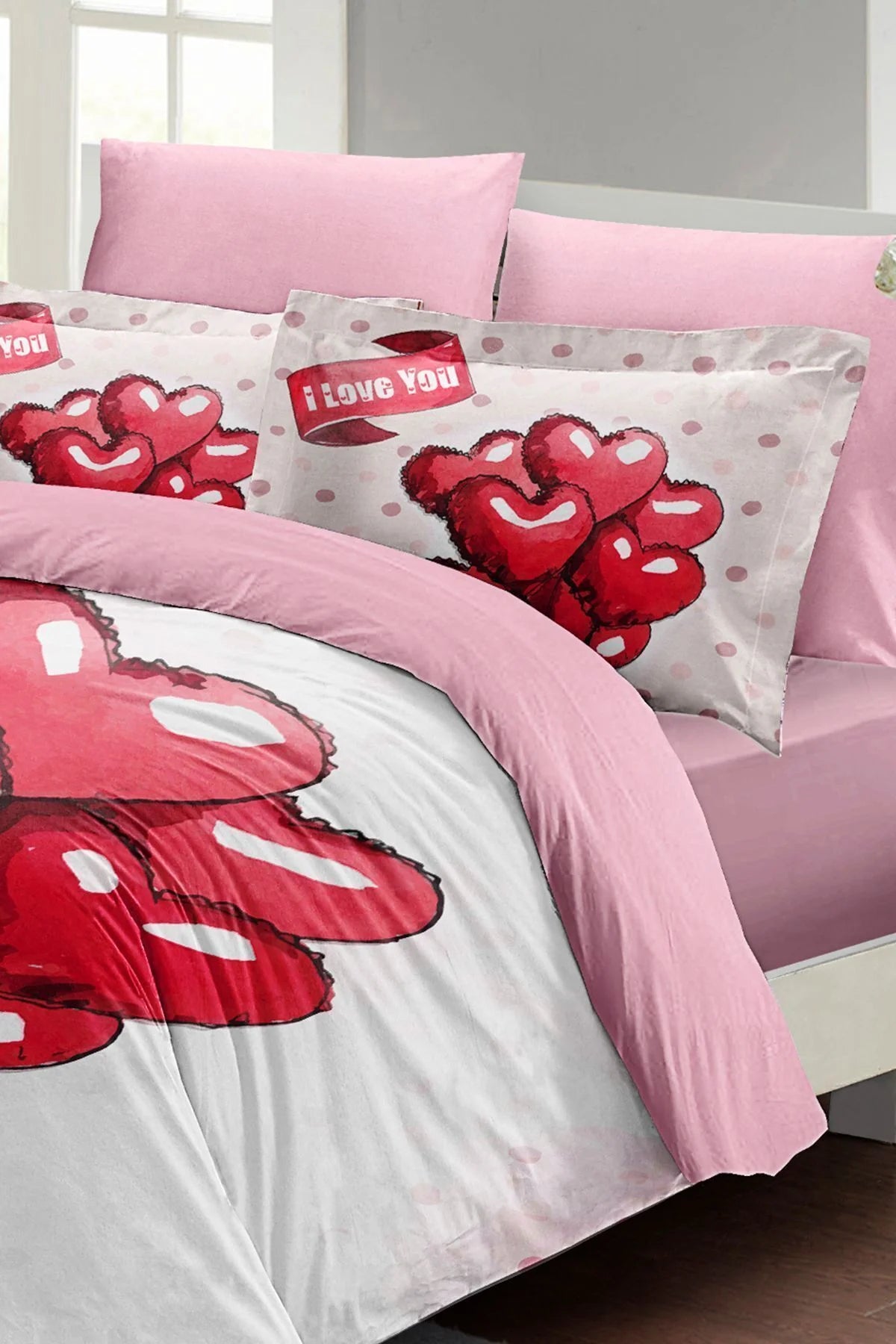 Sevgililer Günü Özel Çift Kişilik Nevresim Takımı Pamuk Saten Red Balls
