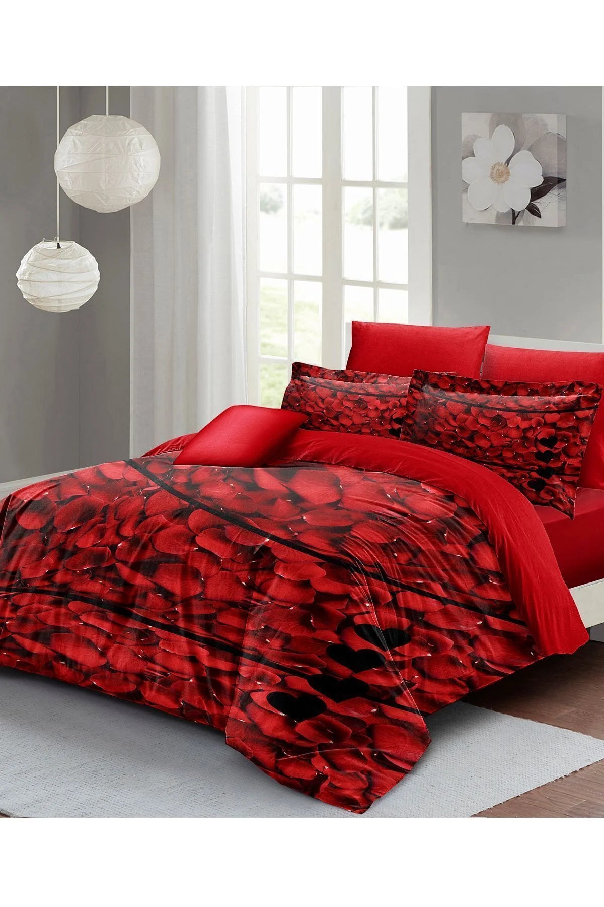 Sevgililer Günü Özel Çift Kişilik Nevresim Takımı Pamuk Saten Rose Feather