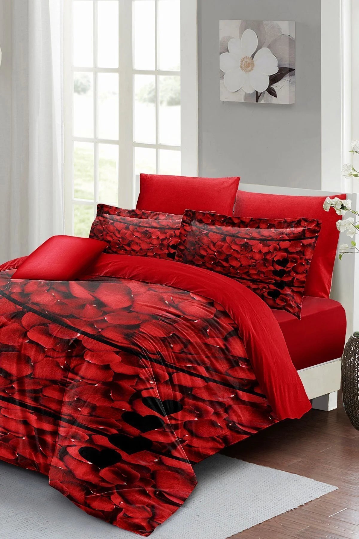 Sevgililer Günü Özel Çift Kişilik Nevresim Takımı Pamuk Saten Rose Feather