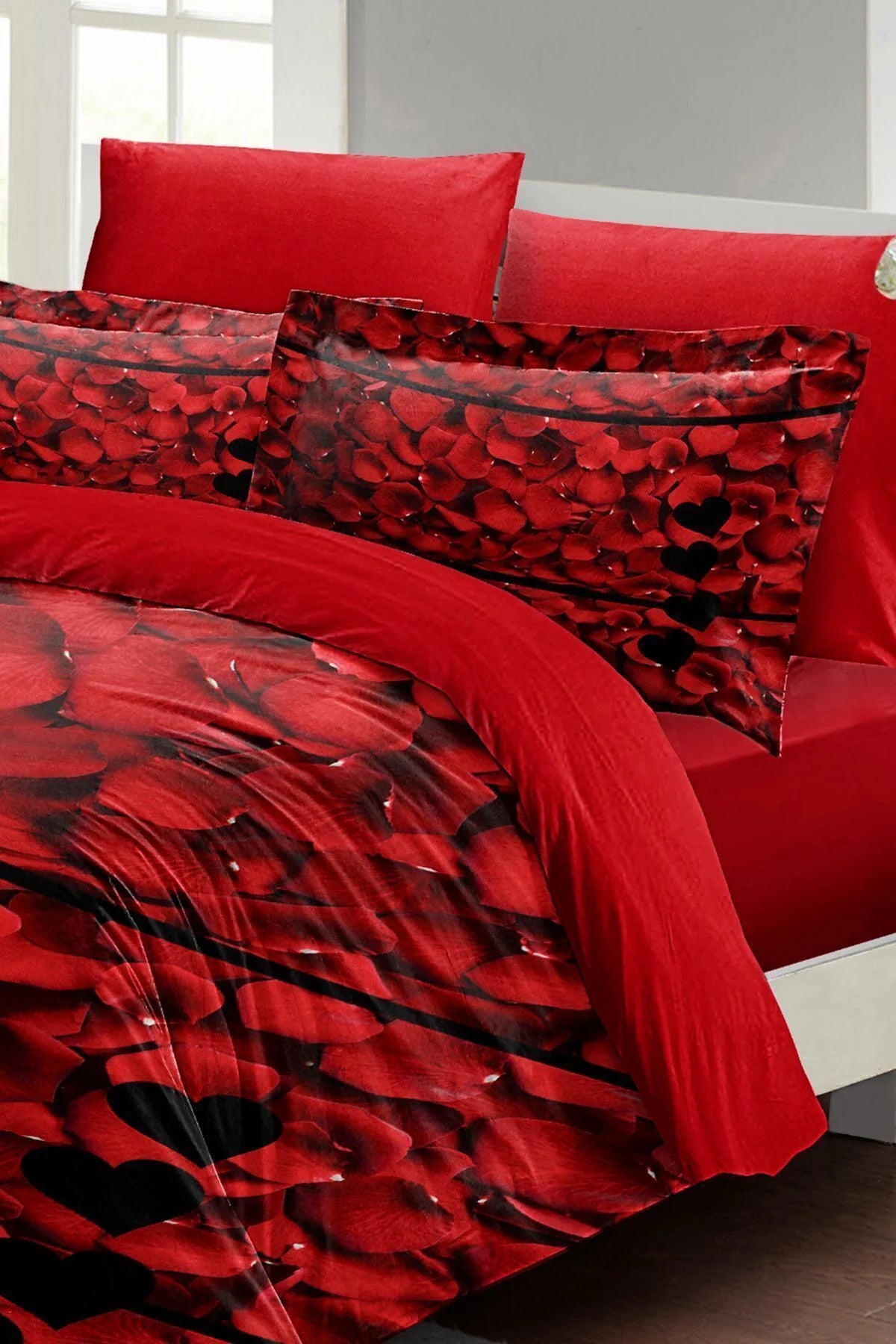 Sevgililer Günü Özel Çift Kişilik Nevresim Takımı Pamuk Saten Rose Feather