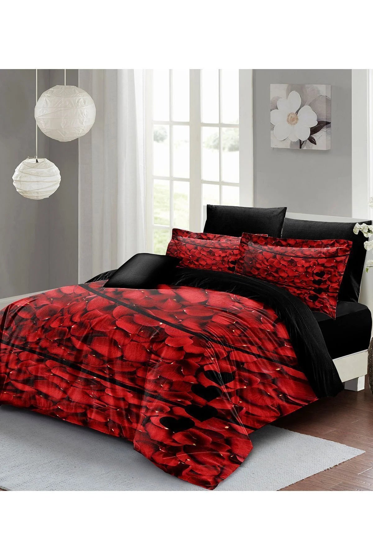 Sevgililer Günü Özel Çift Kişilik Nevresim Takımı Pamuk Saten Rose Feathers