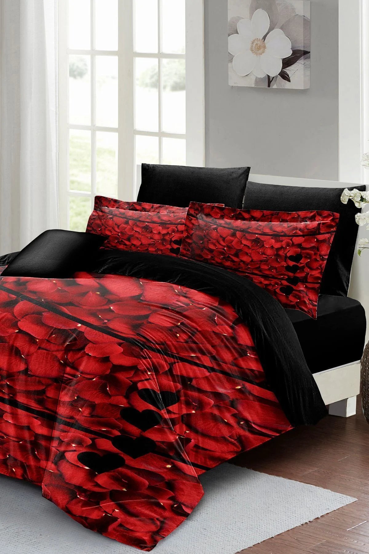 Sevgililer Günü Özel Çift Kişilik Nevresim Takımı Pamuk Saten Rose Feathers