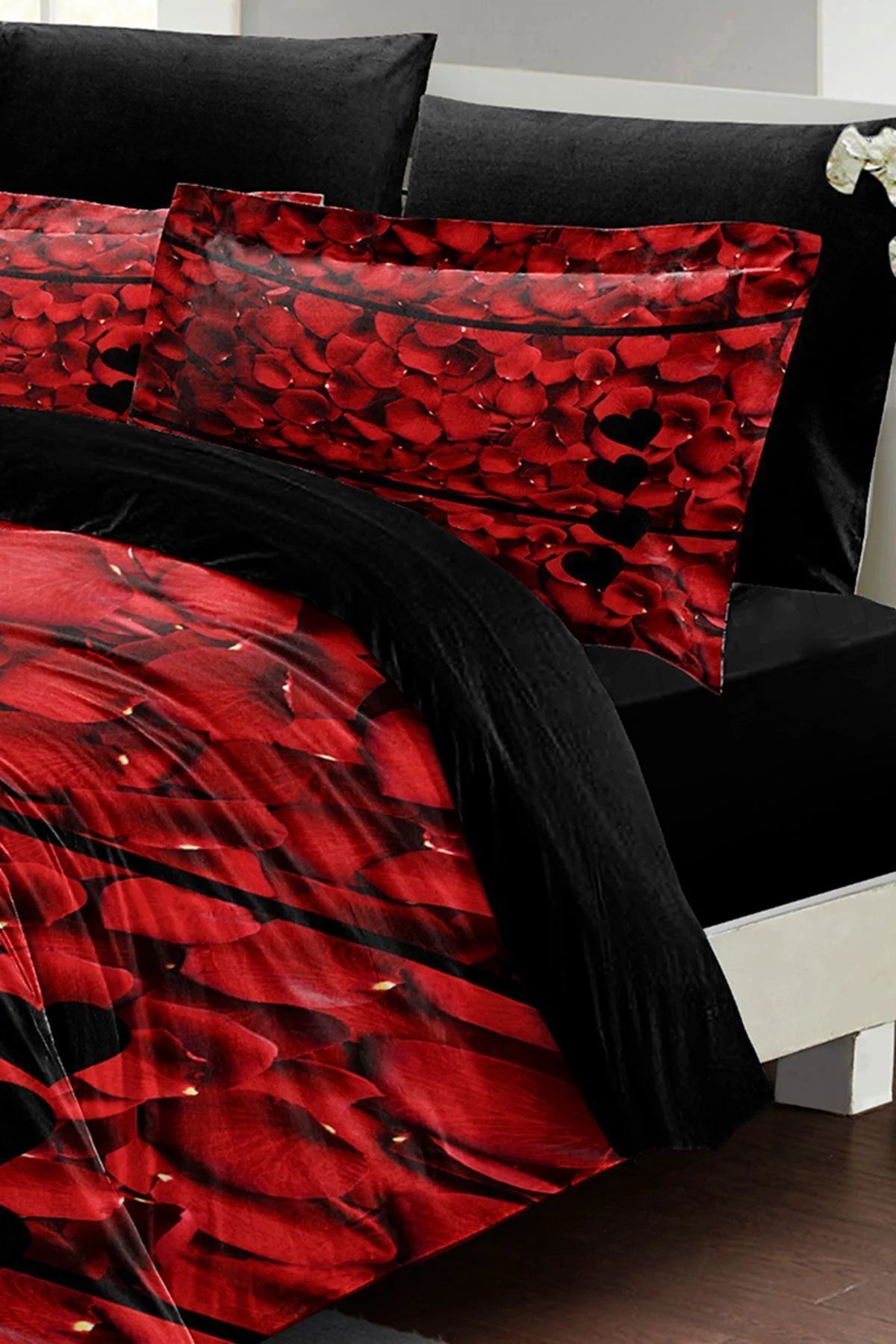 Sevgililer Günü Özel Çift Kişilik Nevresim Takımı Pamuk Saten Rose Feathers