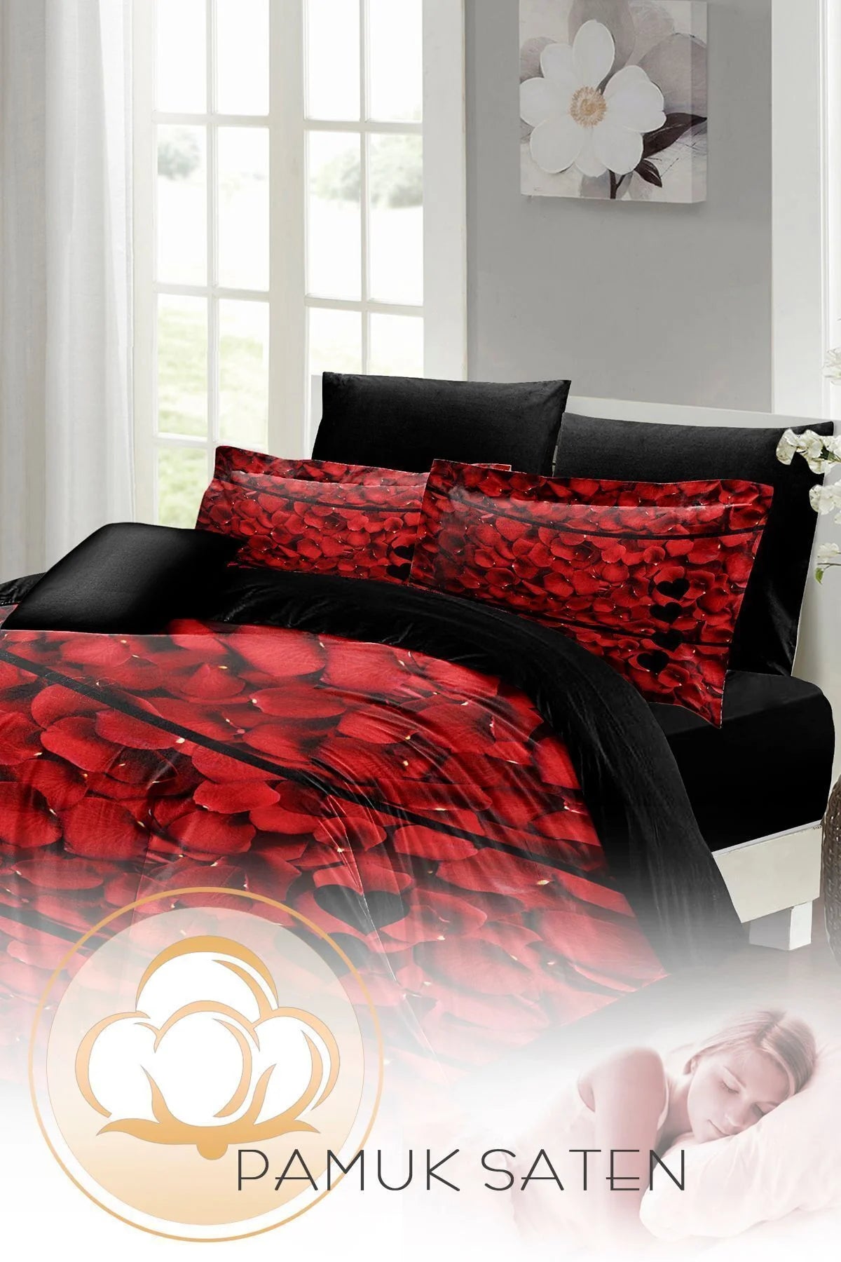 Sevgililer Günü Özel Çift Kişilik Nevresim Takımı Pamuk Saten Rose Feathers