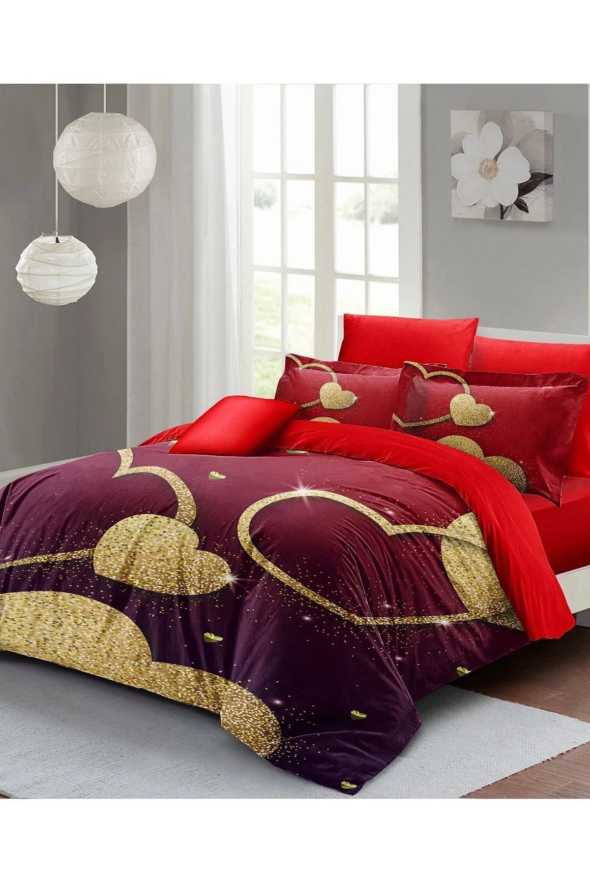 Sevgililer Günü Özel Çift Kişilik Nevresim Takımı Pamuk Saten Shine Love