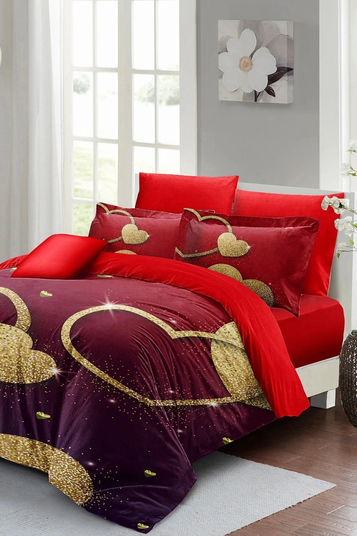 Sevgililer Günü Özel Çift Kişilik Nevresim Takımı Pamuk Saten Shine Love