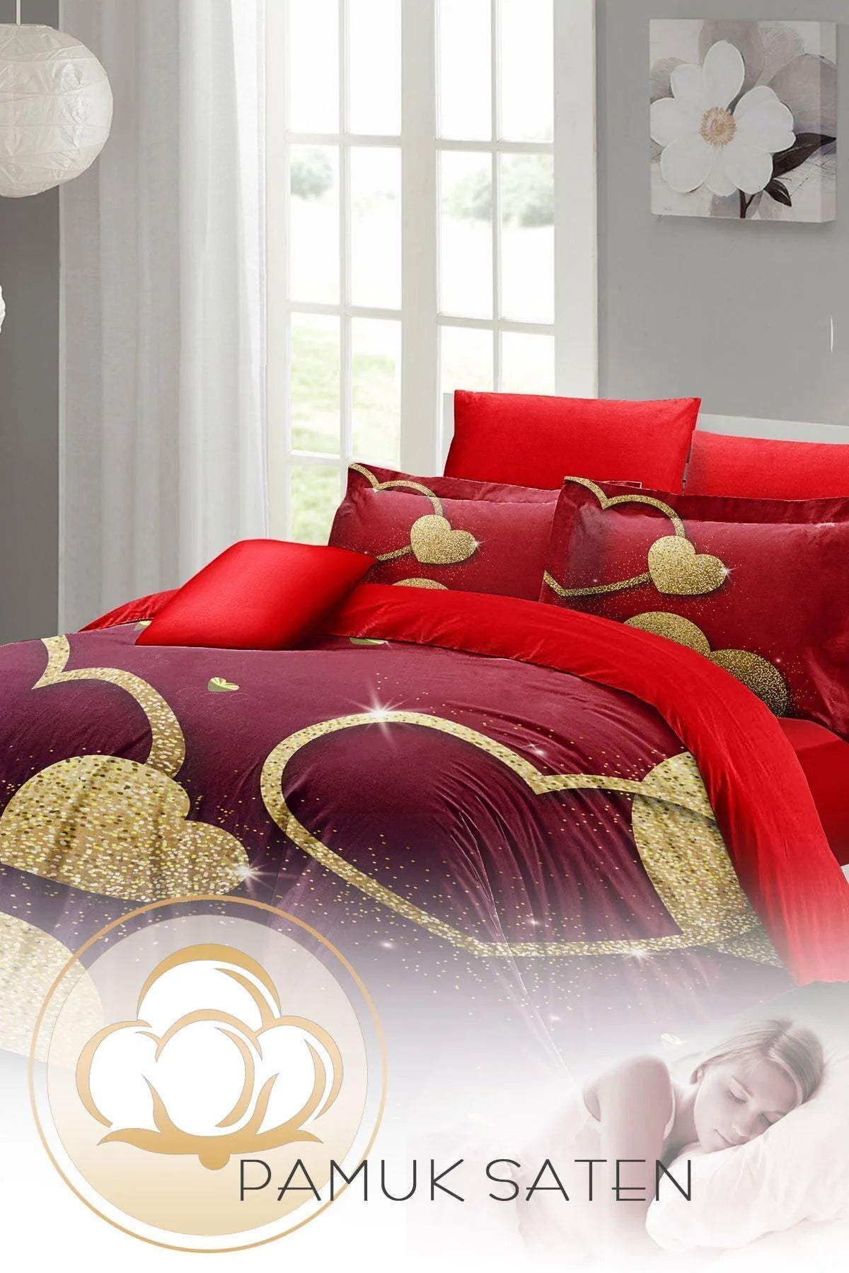 Sevgililer Günü Özel Çift Kişilik Nevresim Takımı Pamuk Saten Shine Love