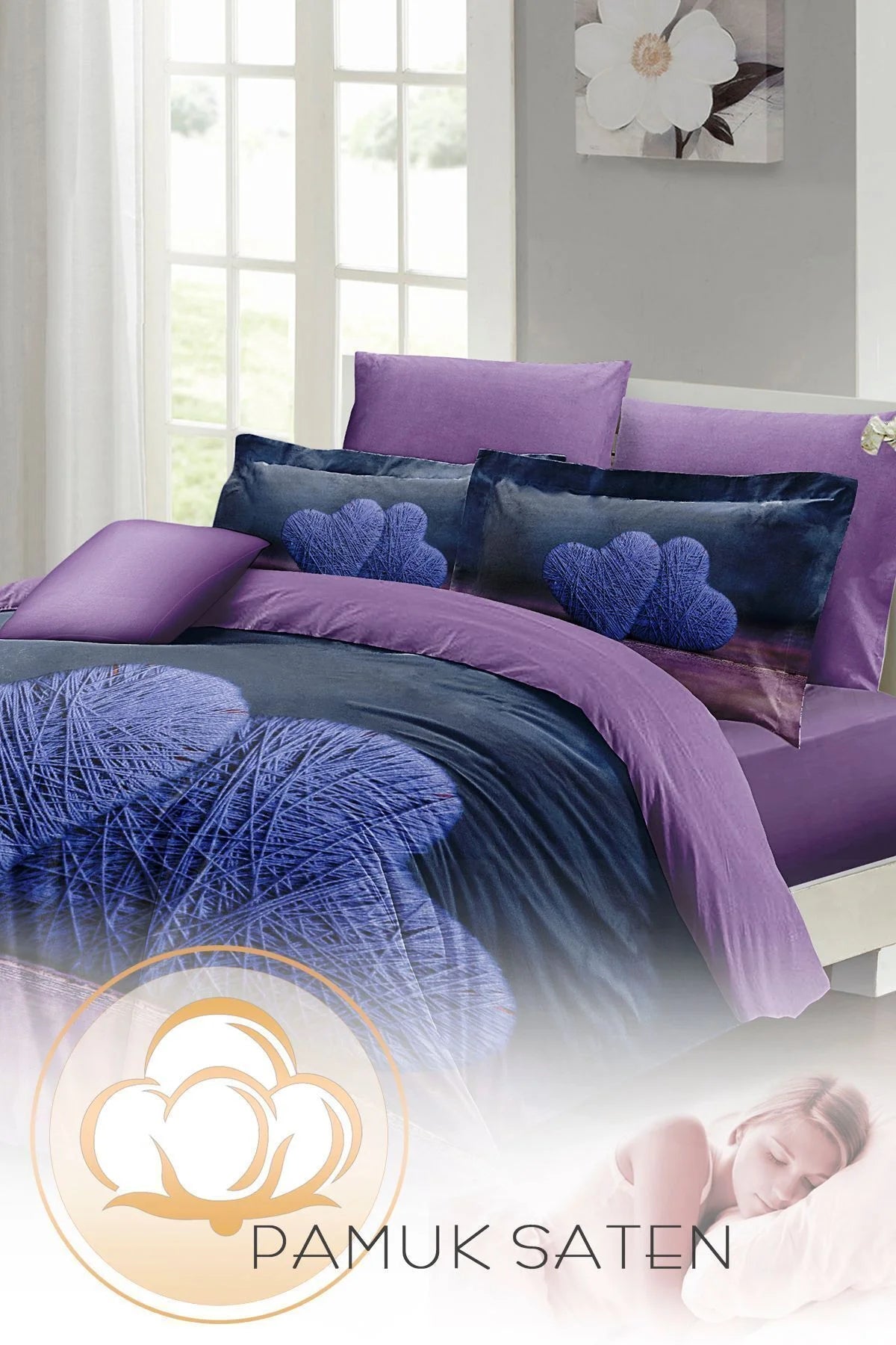 Sevgililer Günü Özel Çift Kişilik Nevresim Takımı Pamuk Saten Wool Heart