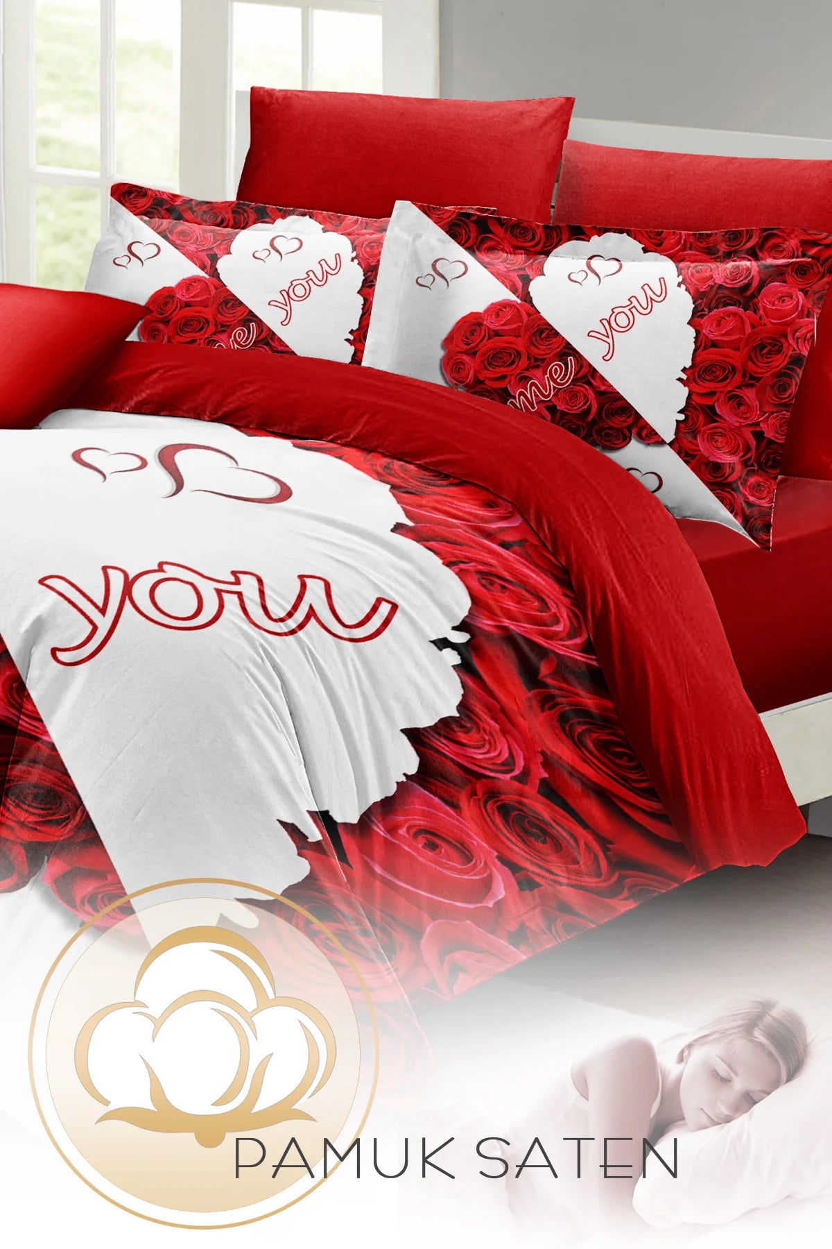 Sevgililer Günü Pamuk Saten Çift Kişilik Kalpli Nevresim Me You