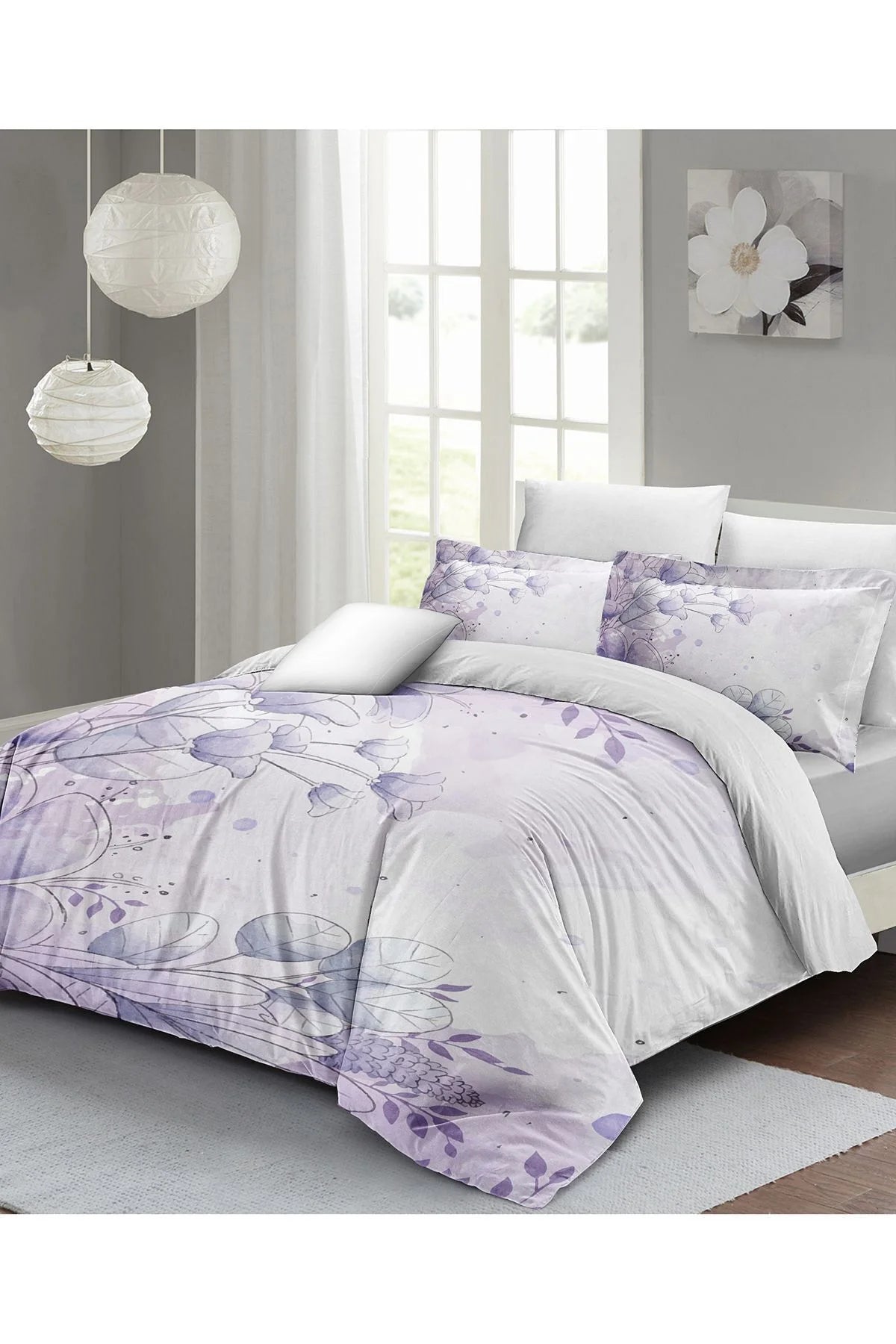 Soft Lila 3D Pamuk Saten Çift Kişilik Nevresim Takımı