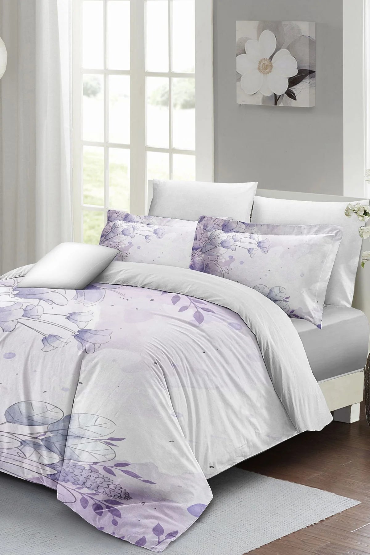 Soft Lila 3D Pamuk Saten Çift Kişilik Nevresim Takımı