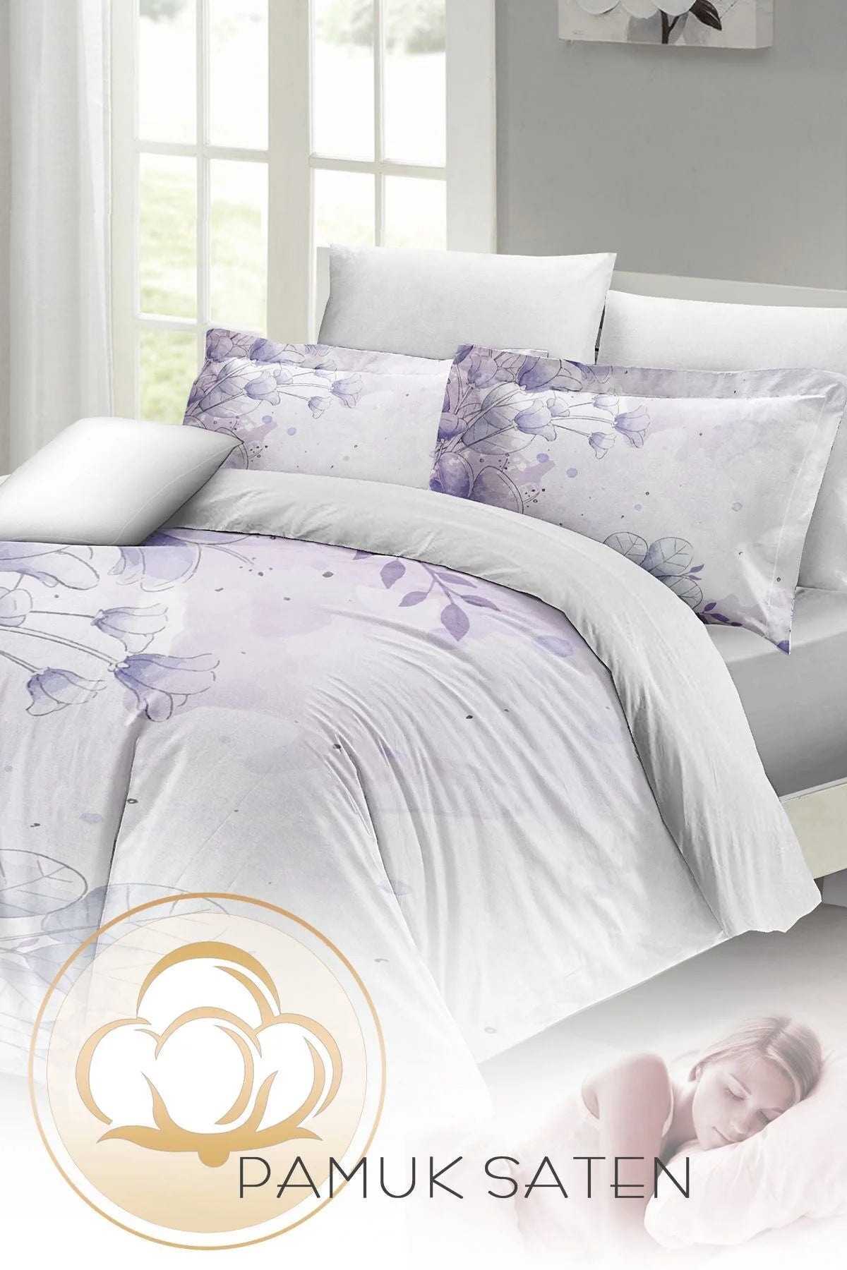 Soft Lila 3D Pamuk Saten Çift Kişilik Nevresim Takımı