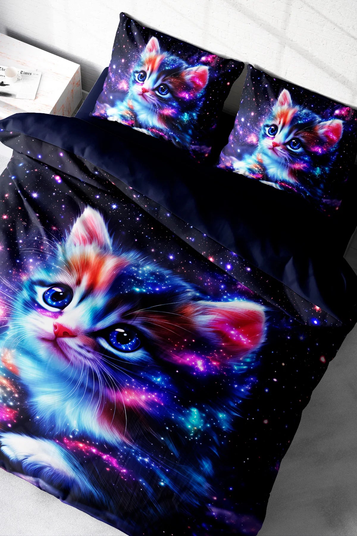 Uzay Temalı Kedi Desenli 5D Dijital Baskı Nevresim Takımı – Çift Kişilik