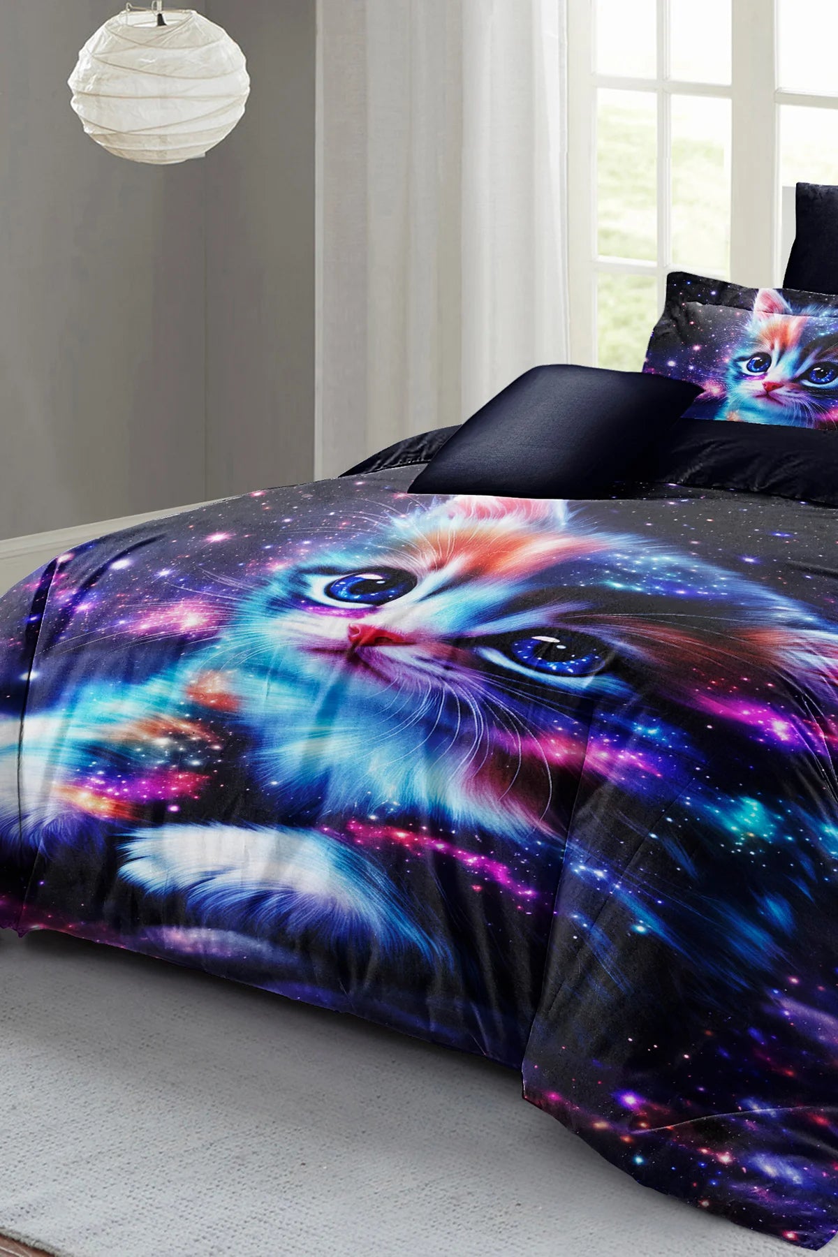 Uzay Temalı Kedi Desenli 5D Dijital Baskı Nevresim Takımı – Çift Kişilik