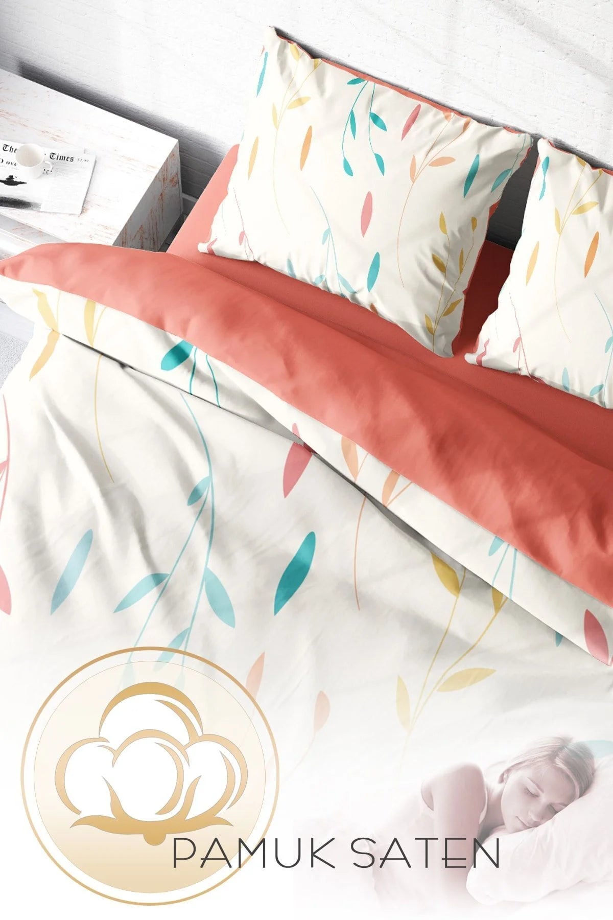 Yaprak 3D Pamuk Saten Çift Kişilik Nevresim Takımı