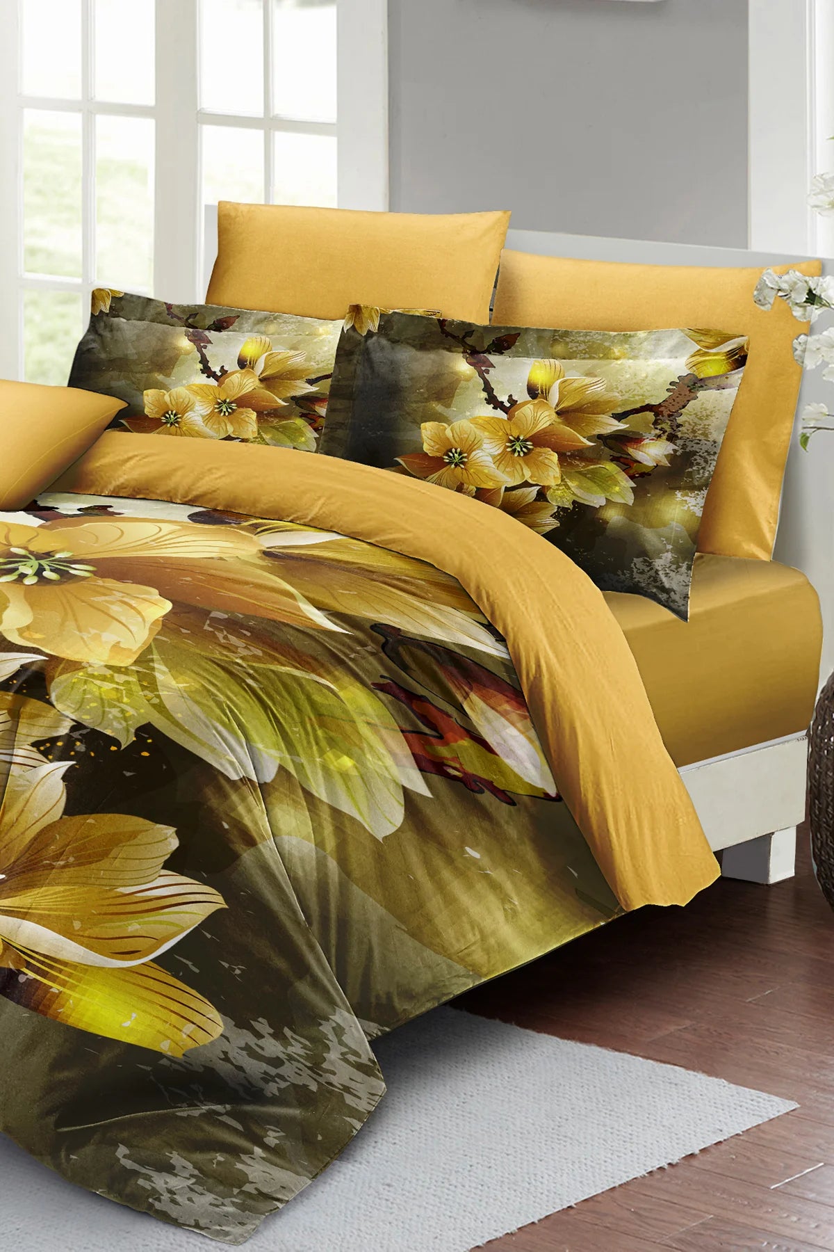 Yellow Flowers 3D Çift Kişilik Nevresim Takımı