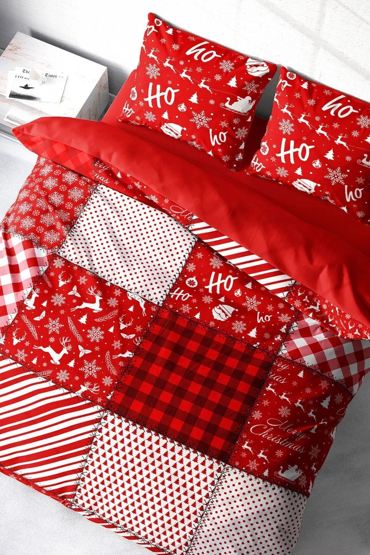 Yılbaşı Merry Christmas Çift Kişilik 3D Nevresim Takımı Pamuk Saten Ekose