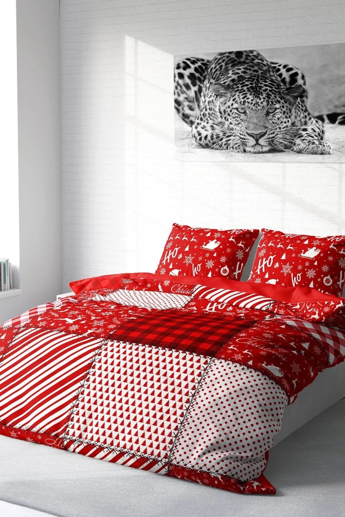 Yılbaşı Merry Christmas Çift Kişilik 3D Nevresim Takımı Pamuk Saten Ekose