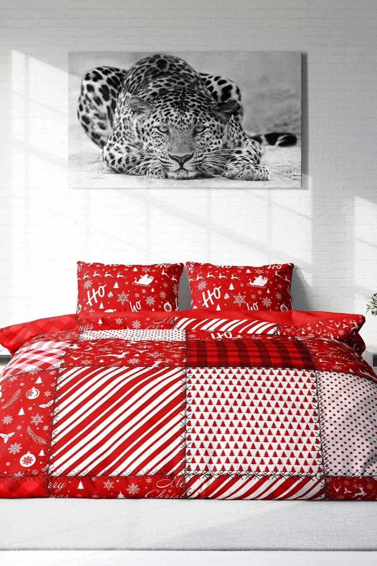 Yılbaşı Merry Christmas Çift Kişilik 3D Nevresim Takımı Pamuk Saten Ekose