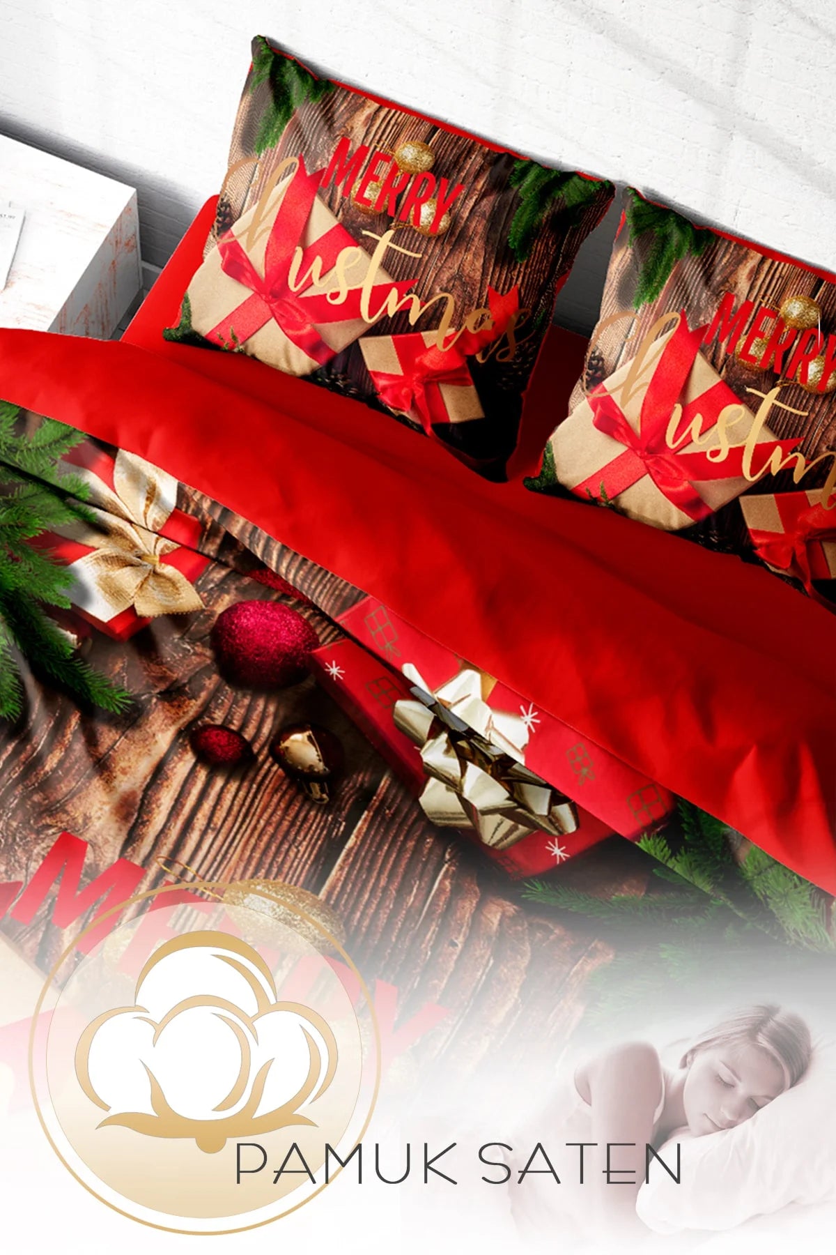 Yılbaşı Merry Christmas Çift Kişilik 3D Nevresim Takımı Pamuk Saten Gift