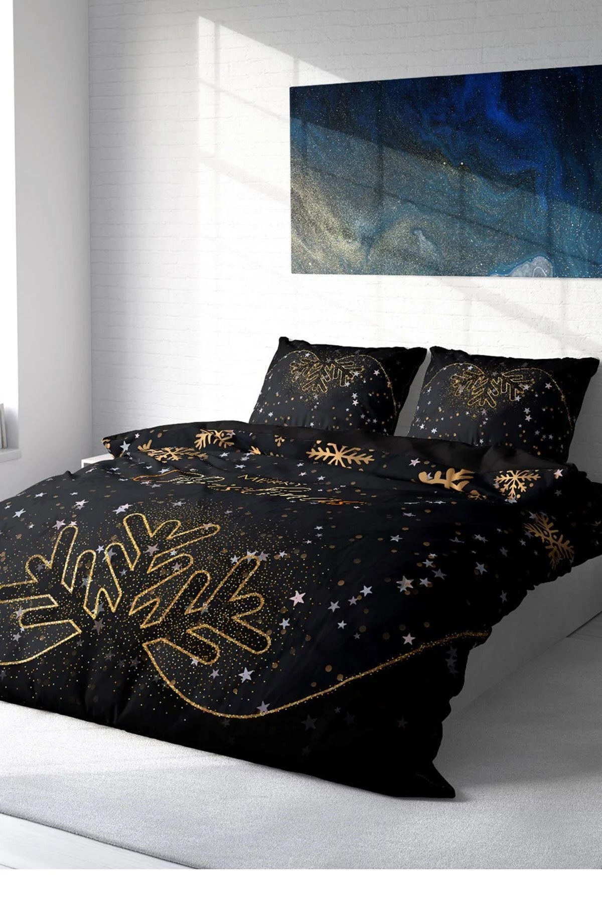 Yılbaşı Nevresim Takım %100 Doğal Pamuk Merry Christmas Çift Kişilik Black