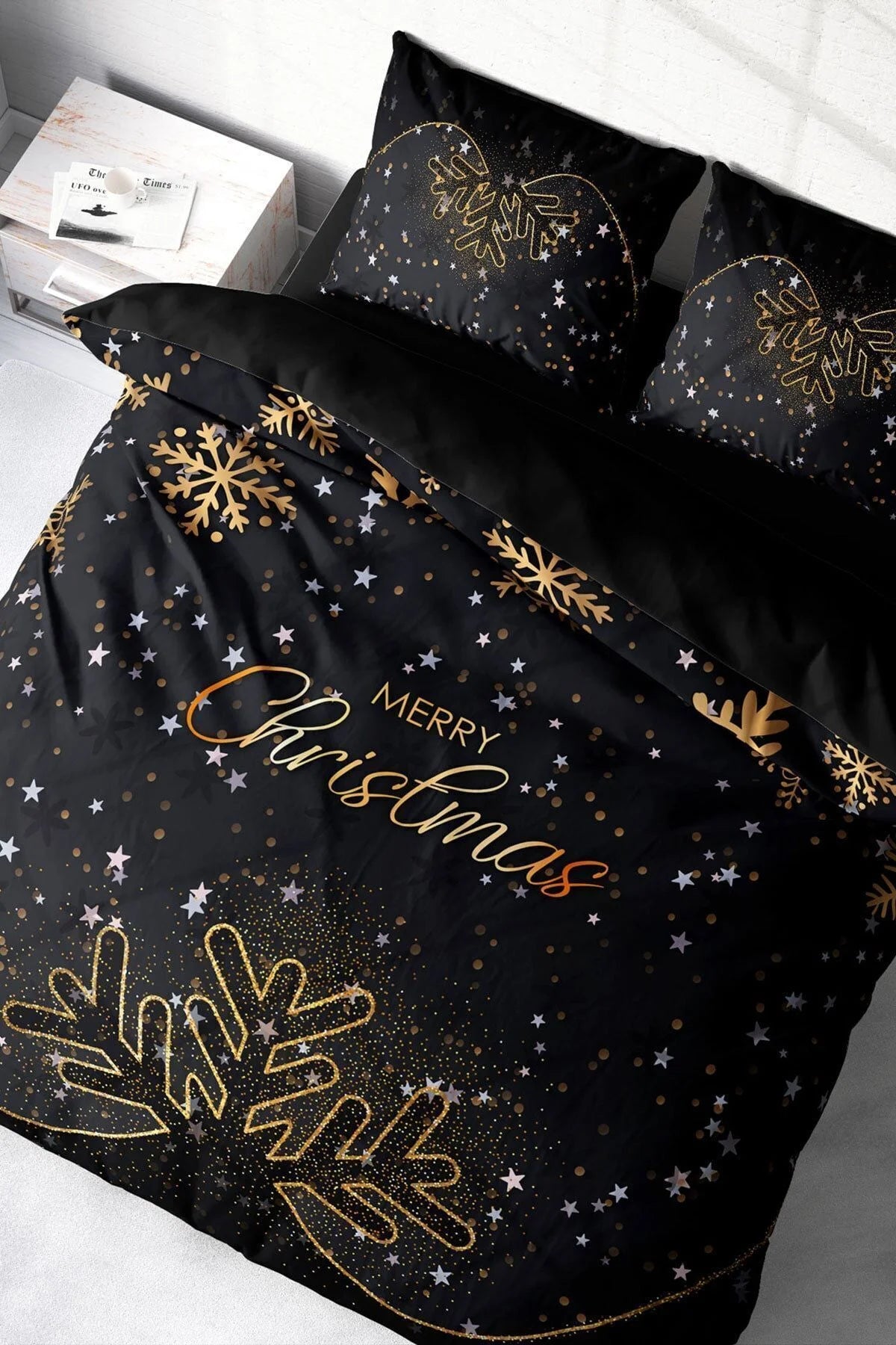 Yılbaşı Nevresim Takım %100 Doğal Pamuk Merry Christmas Çift Kişilik Black