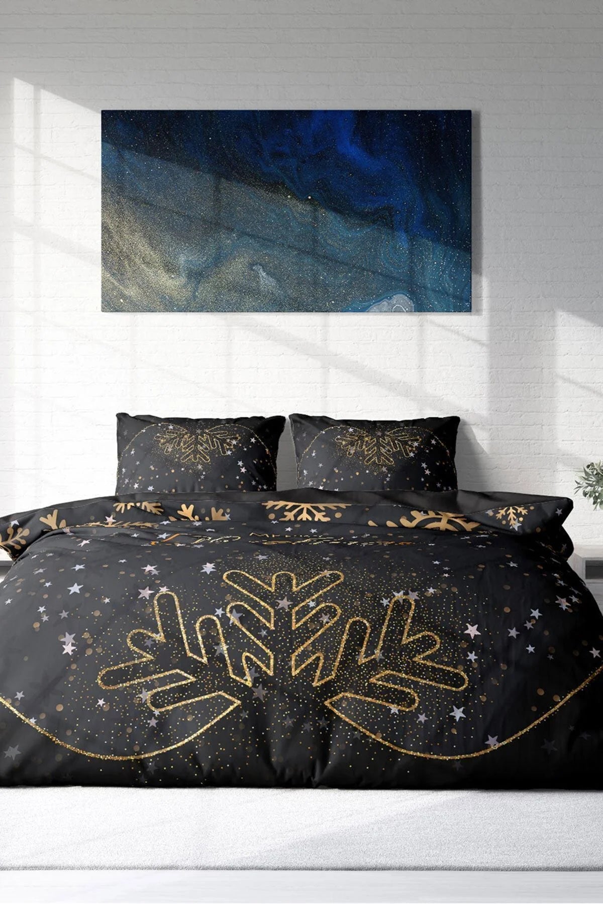 Yılbaşı Nevresim Takım %100 Doğal Pamuk Merry Christmas Çift Kişilik Black