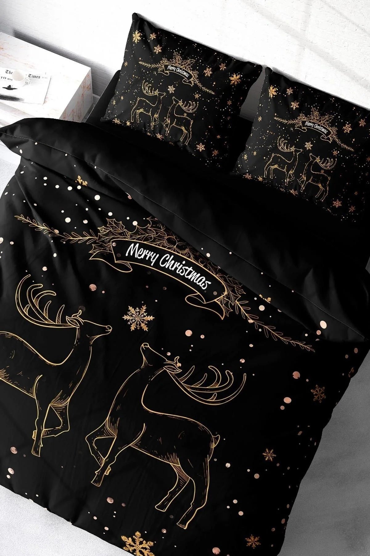 Yılbaşı Nevresim Takım %100 Doğal Pamuk Merry Christmas Çift Kişilik Black Deer