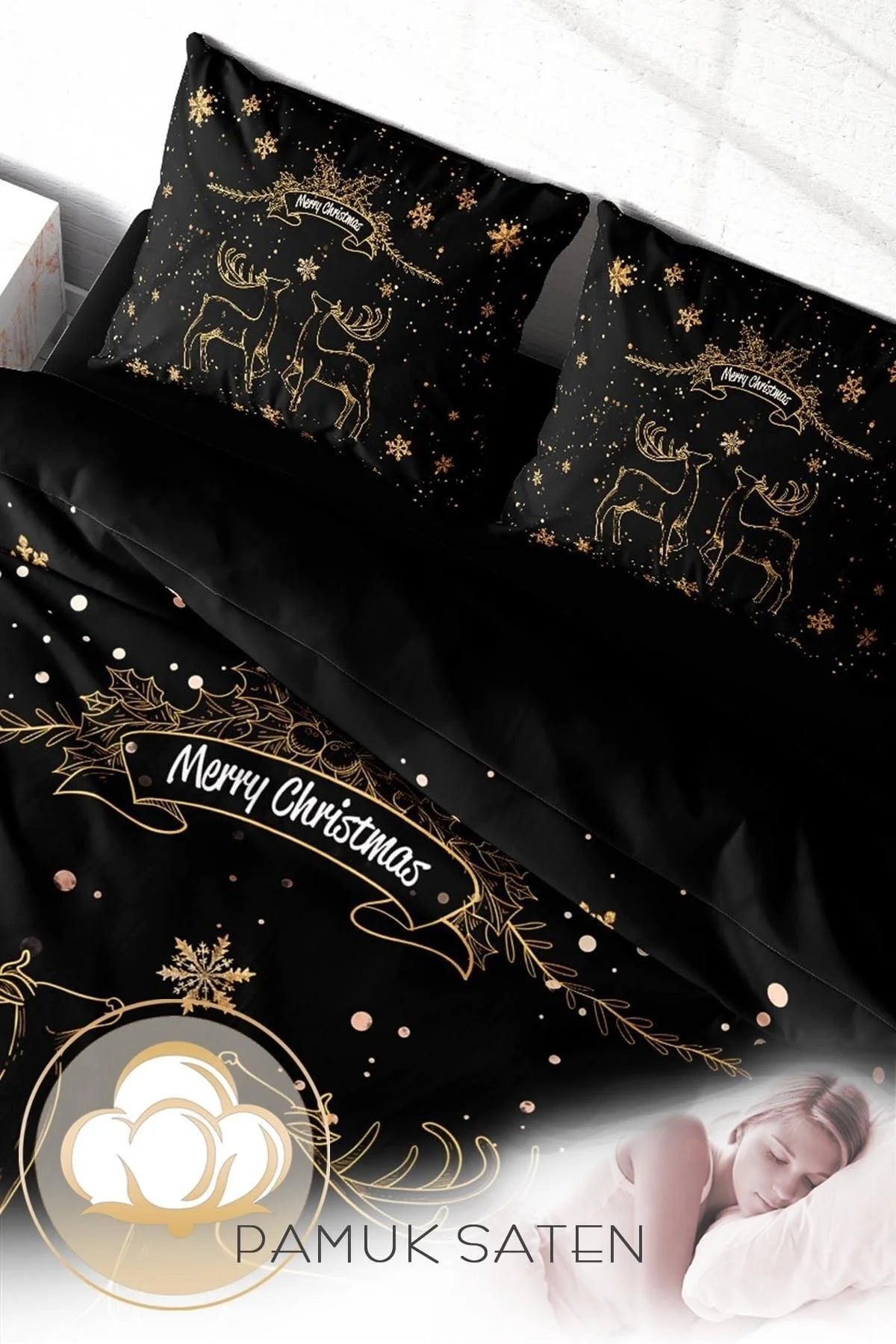 Yılbaşı Nevresim Takım %100 Doğal Pamuk Merry Christmas Çift Kişilik Black Deer