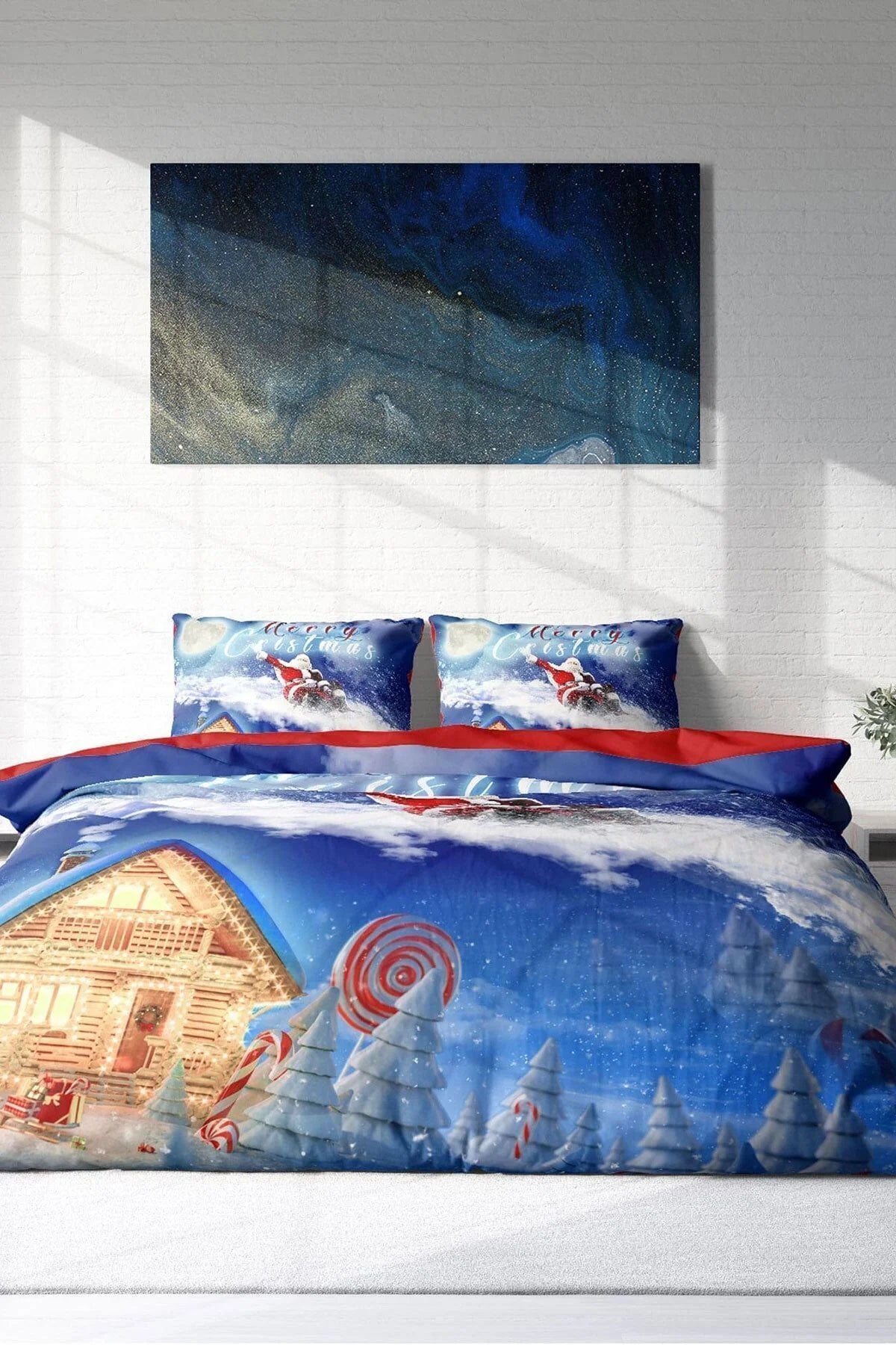 Yılbaşı Nevresim Takım %100 Doğal Pamuk Merry Christmas Çift Kişilik Blue