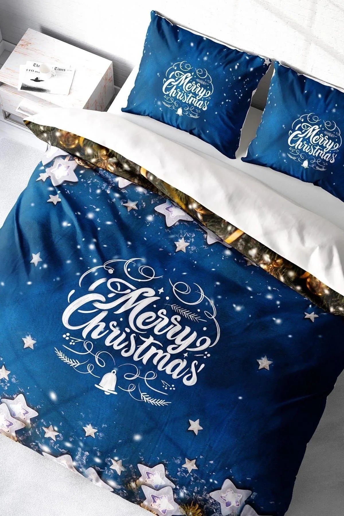 Yılbaşı Nevresim Takım %100 Doğal Pamuk Merry Christmas Çift Kişilik Blue Stars