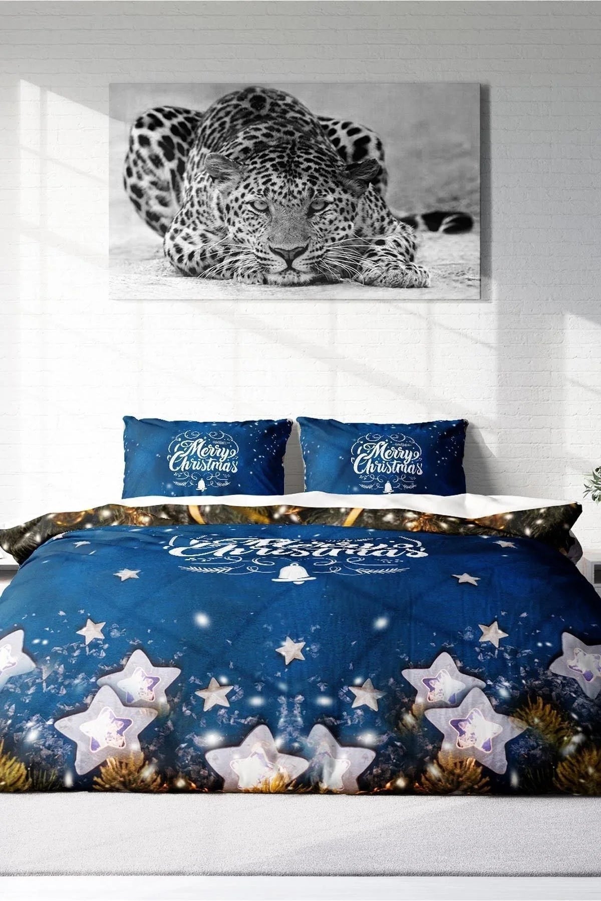 Yılbaşı Nevresim Takım %100 Doğal Pamuk Merry Christmas Çift Kişilik Blue Stars