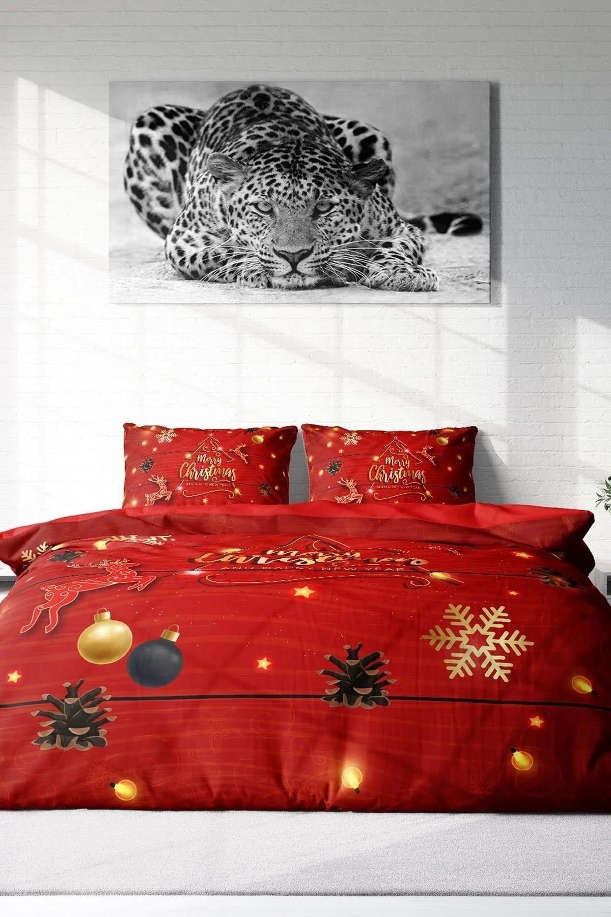 Yılbaşı Nevresim Takım %100 Doğal Pamuk Merry Christmas Çift Kişilik Cone