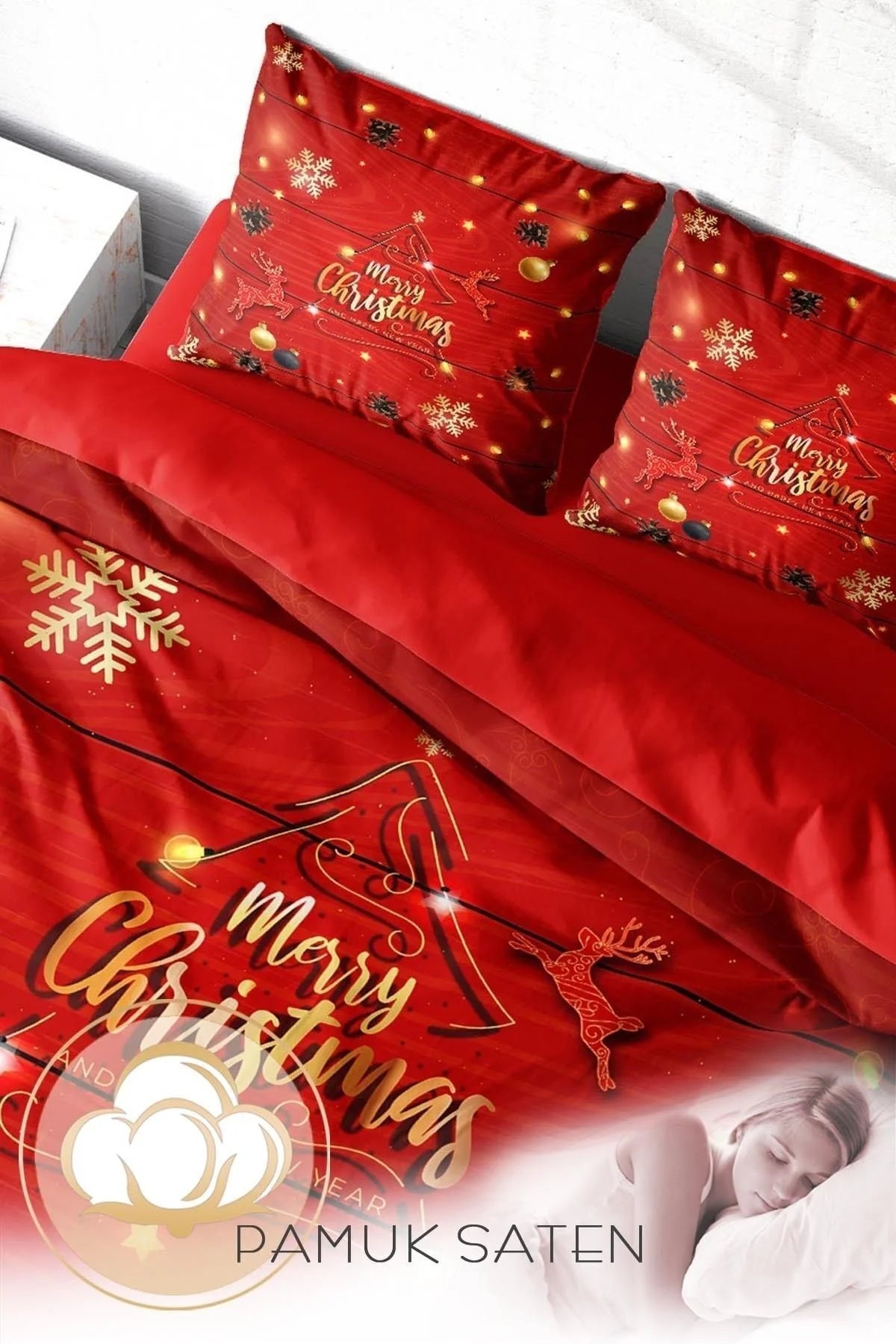 Yılbaşı Nevresim Takım %100 Doğal Pamuk Merry Christmas Çift Kişilik Cone