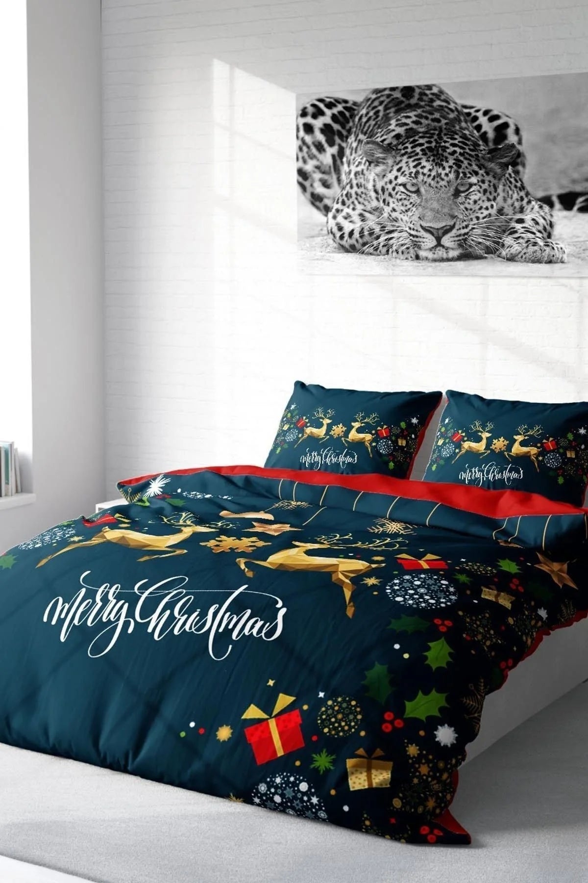 Yılbaşı Nevresim Takım %100 Doğal Pamuk Merry Christmas Çift Kişilik Dark Deer