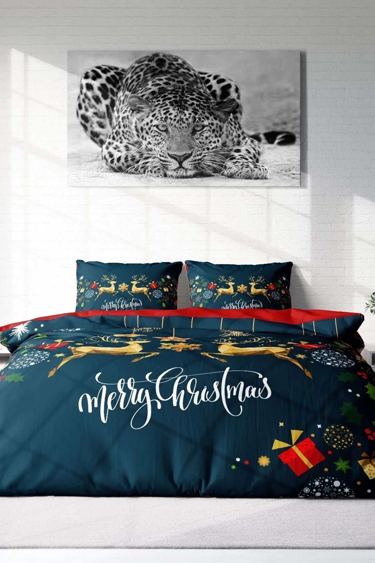 Yılbaşı Nevresim Takım %100 Doğal Pamuk Merry Christmas Çift Kişilik Dark Deer