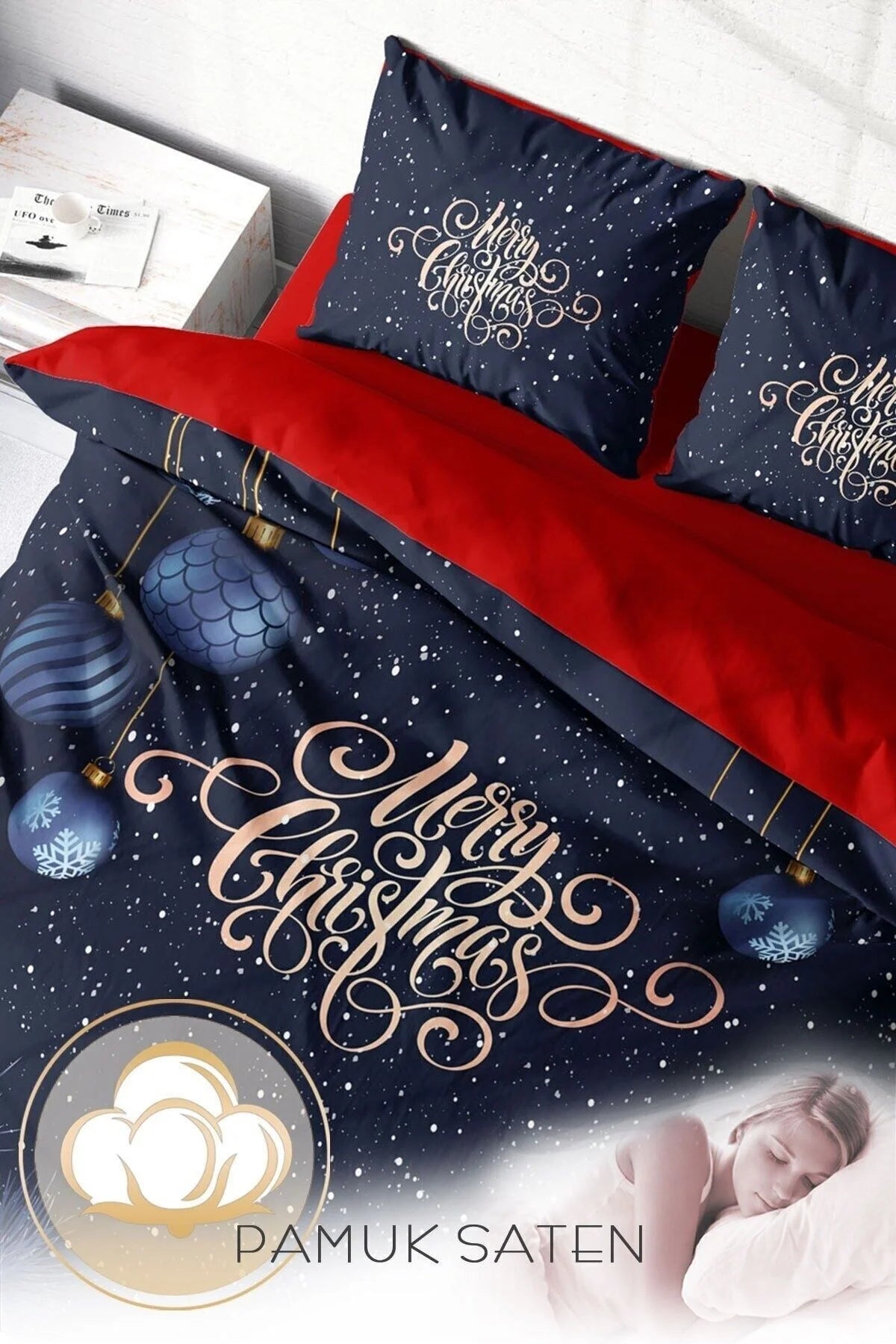 Yılbaşı Nevresim Takım %100 Doğal Pamuk Merry Christmas Çift Kişilik Dark Deer