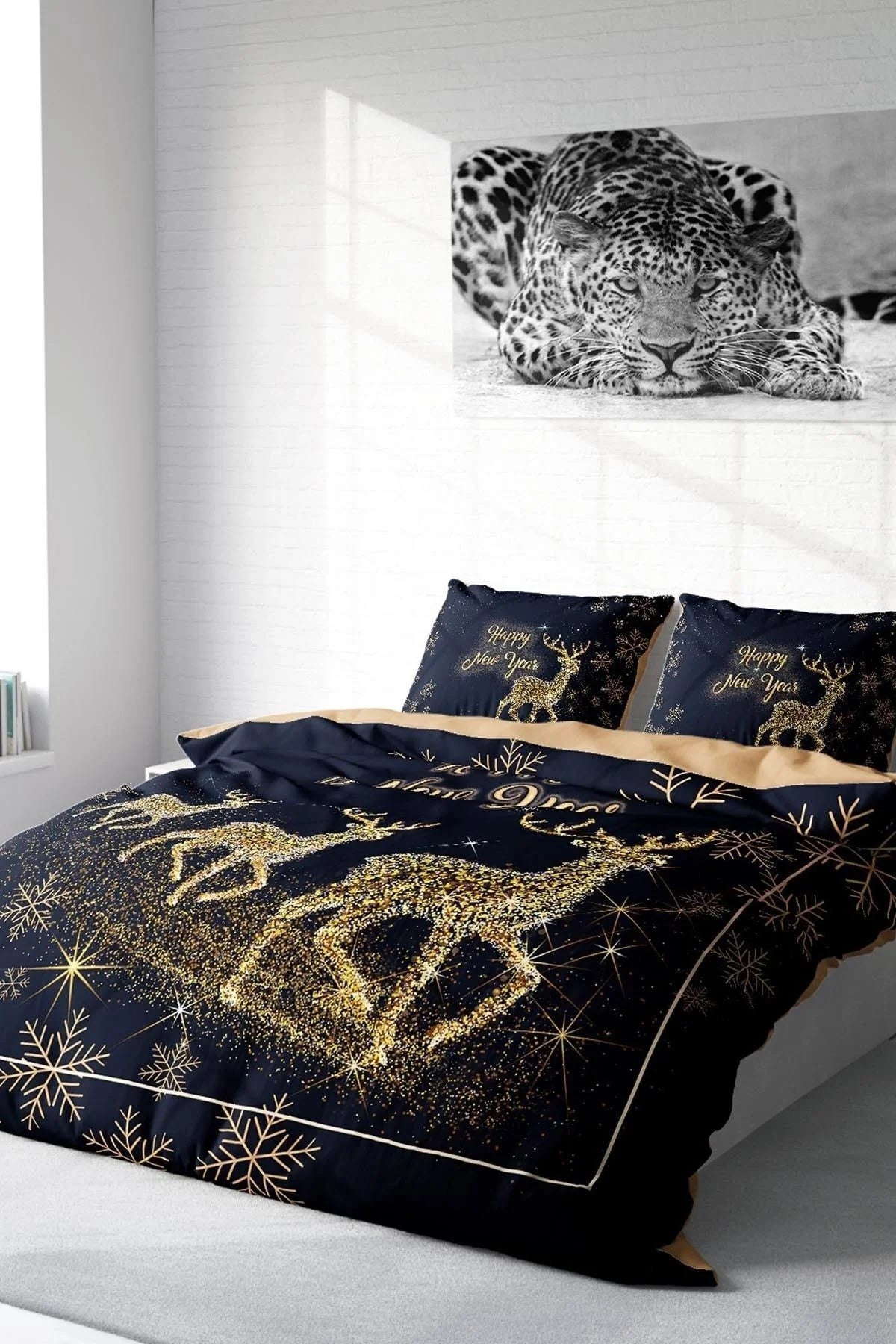 Yılbaşı Nevresim Takım %100 Doğal Pamuk Merry Christmas Çift Kişilik Geyik