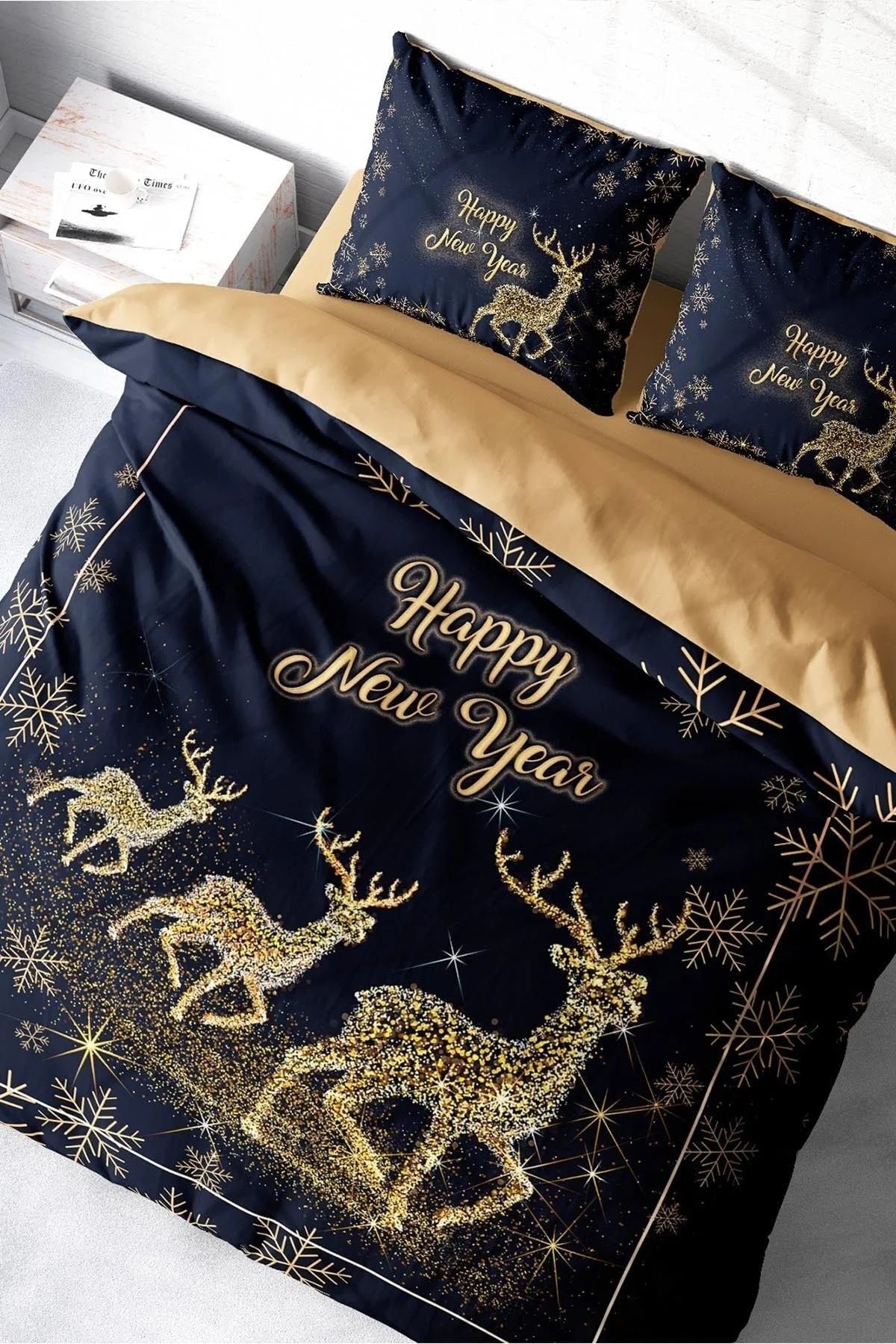 Yılbaşı Nevresim Takım %100 Doğal Pamuk Merry Christmas Çift Kişilik Geyik