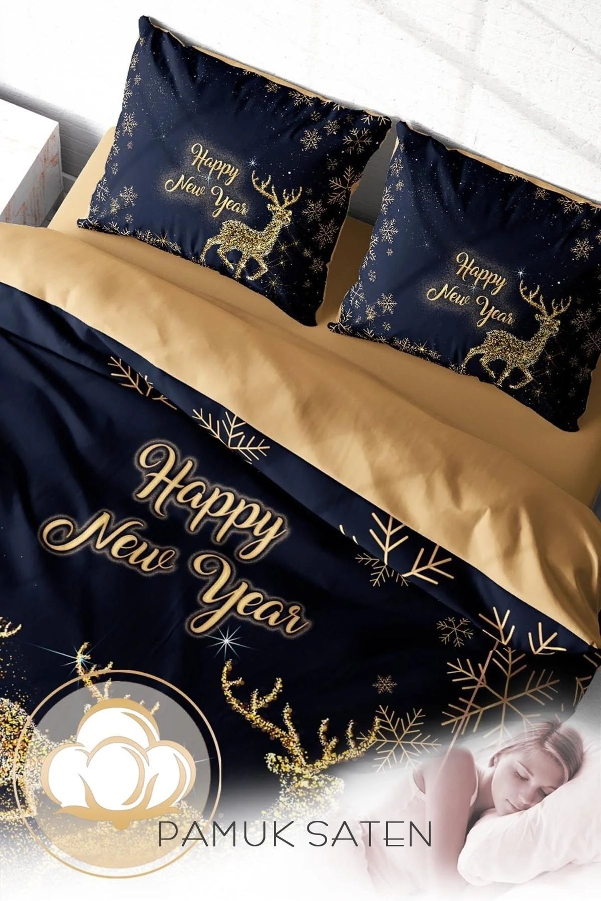 Yılbaşı Nevresim Takım %100 Doğal Pamuk Merry Christmas Çift Kişilik Geyik