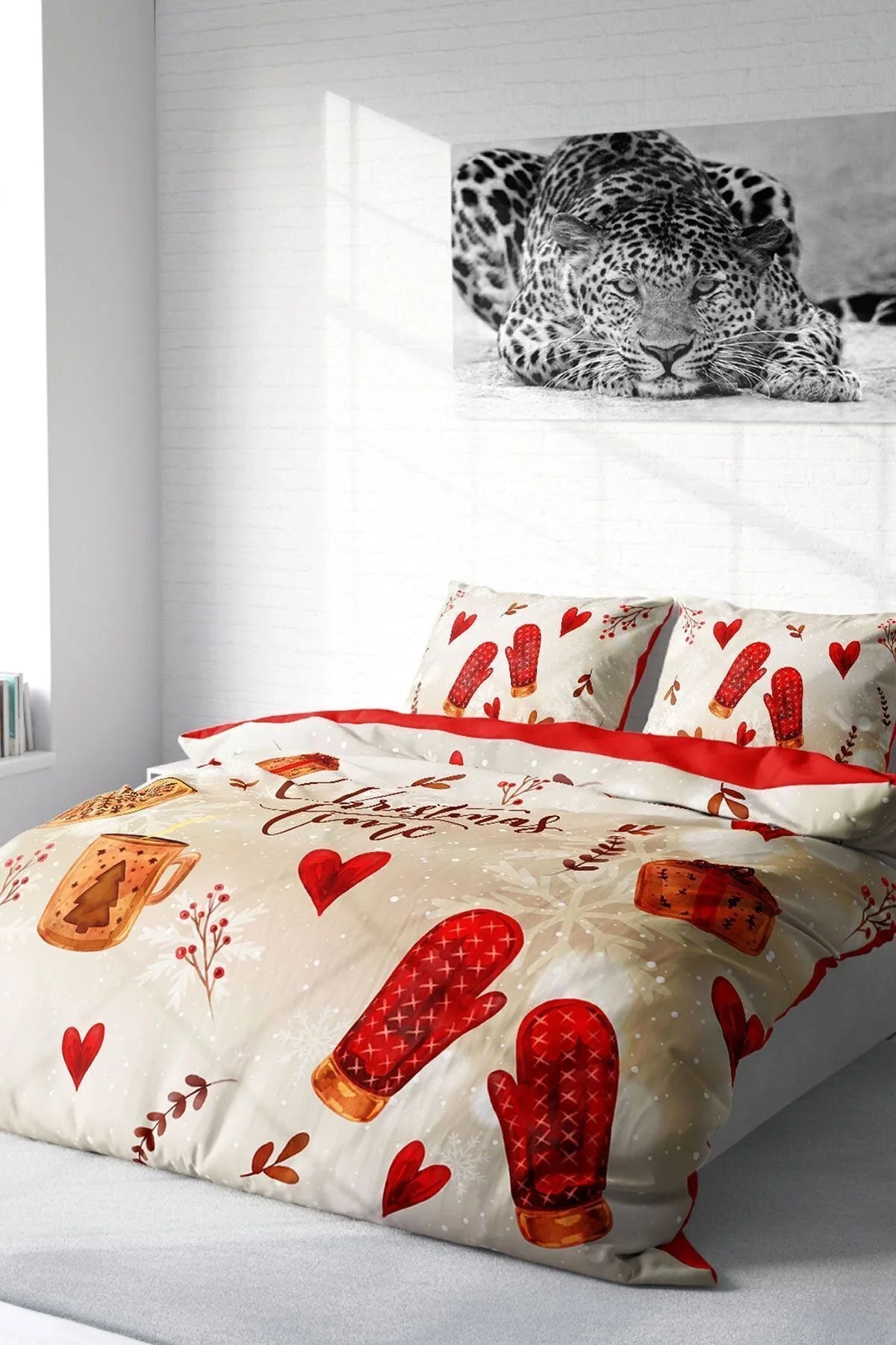 Yılbaşı Nevresim Takım %100 Doğal Pamuk Merry Christmas Çift Kişilik Glove