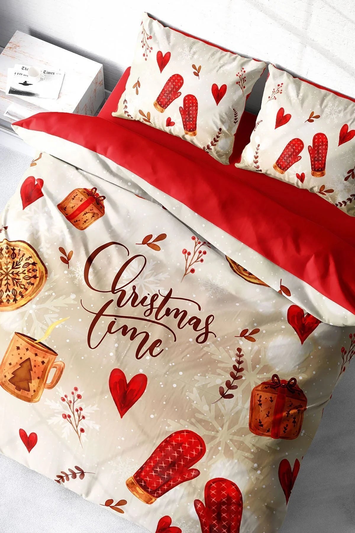 Yılbaşı Nevresim Takım %100 Doğal Pamuk Merry Christmas Çift Kişilik Glove