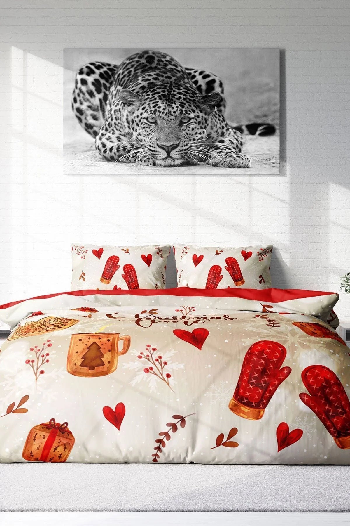 Yılbaşı Nevresim Takım %100 Doğal Pamuk Merry Christmas Çift Kişilik Glove