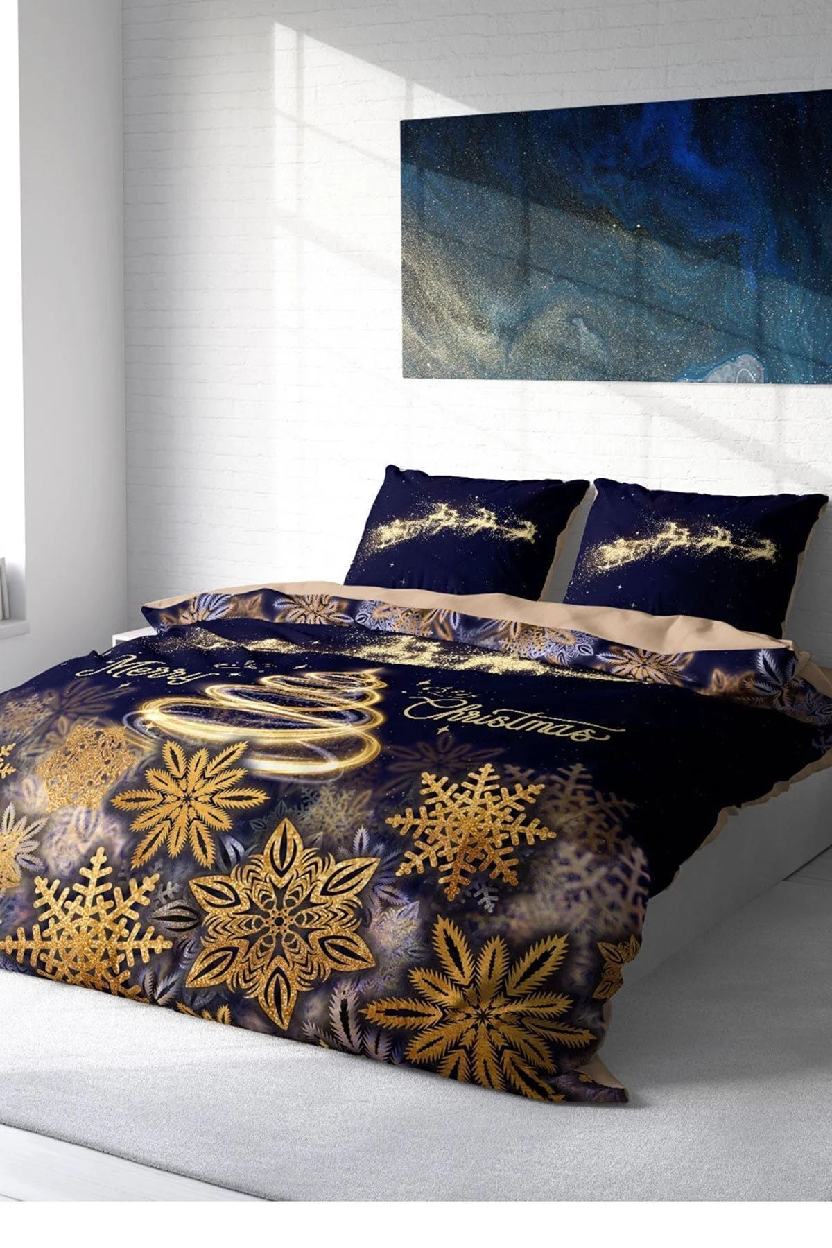 Yılbaşı Nevresim Takım %100 Doğal Pamuk Merry Christmas Çift Kişilik Gold Coffee